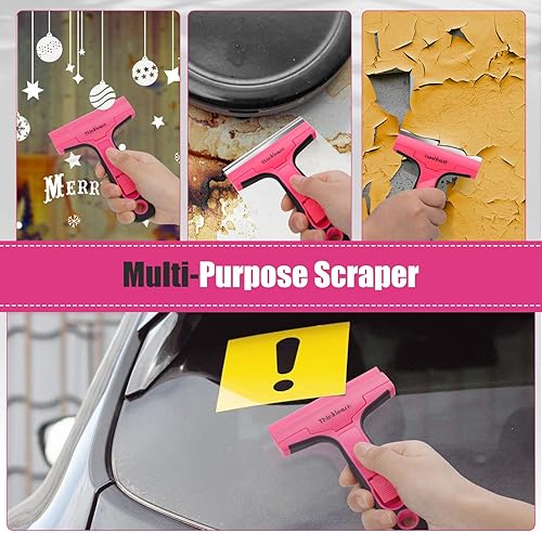 Miniatura 3 de Herramienta raspadora de cuchillas de afeitar, raspador de afeitar de 4 pulgadas con 20 cuchillas de repuesto, raspador de vidrio rosa para quitar