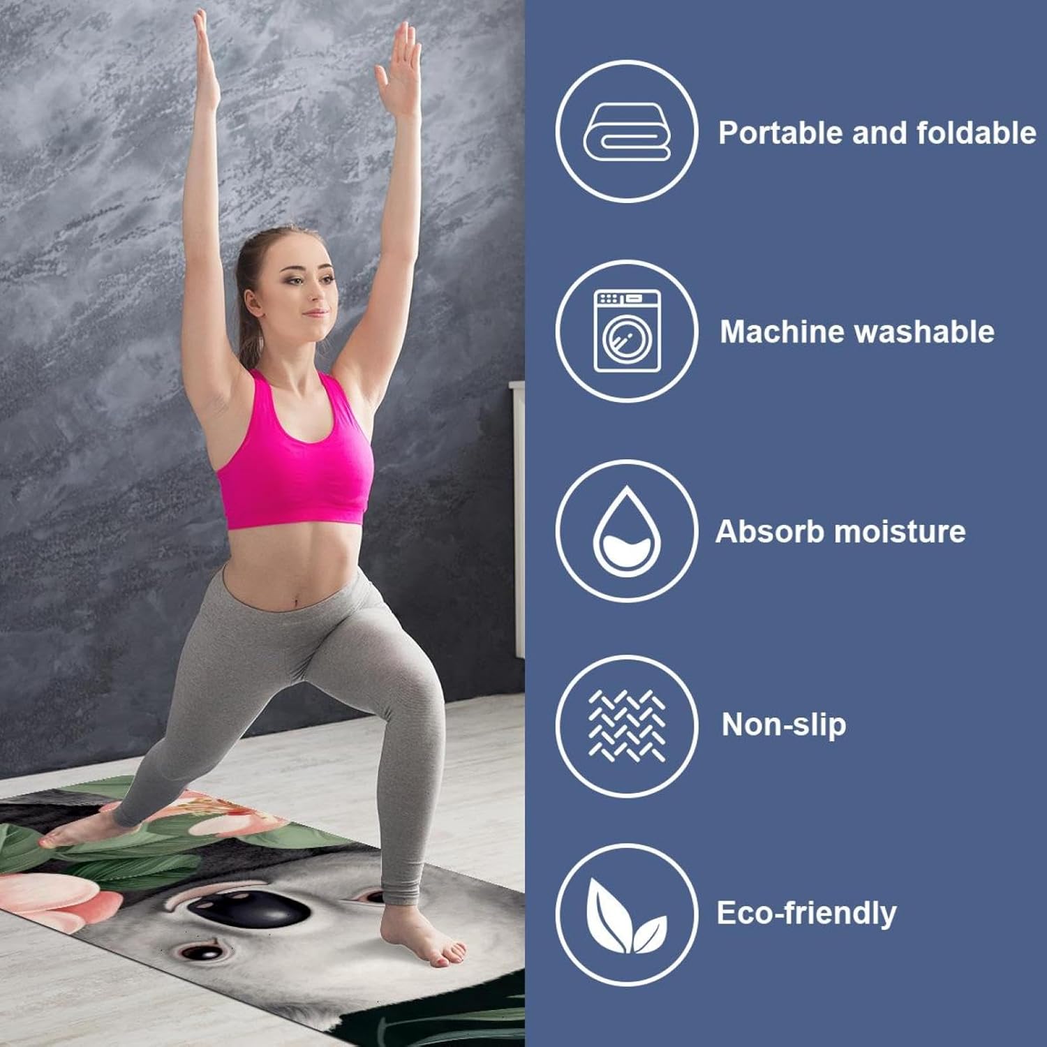 Yoga Towel, Koala Flowers Pattern Non Slip Sweat Absorbent Hot Yoga Mat Towel for Hot Yoga, Pilates and Fitness - 72.8" x 26.8"