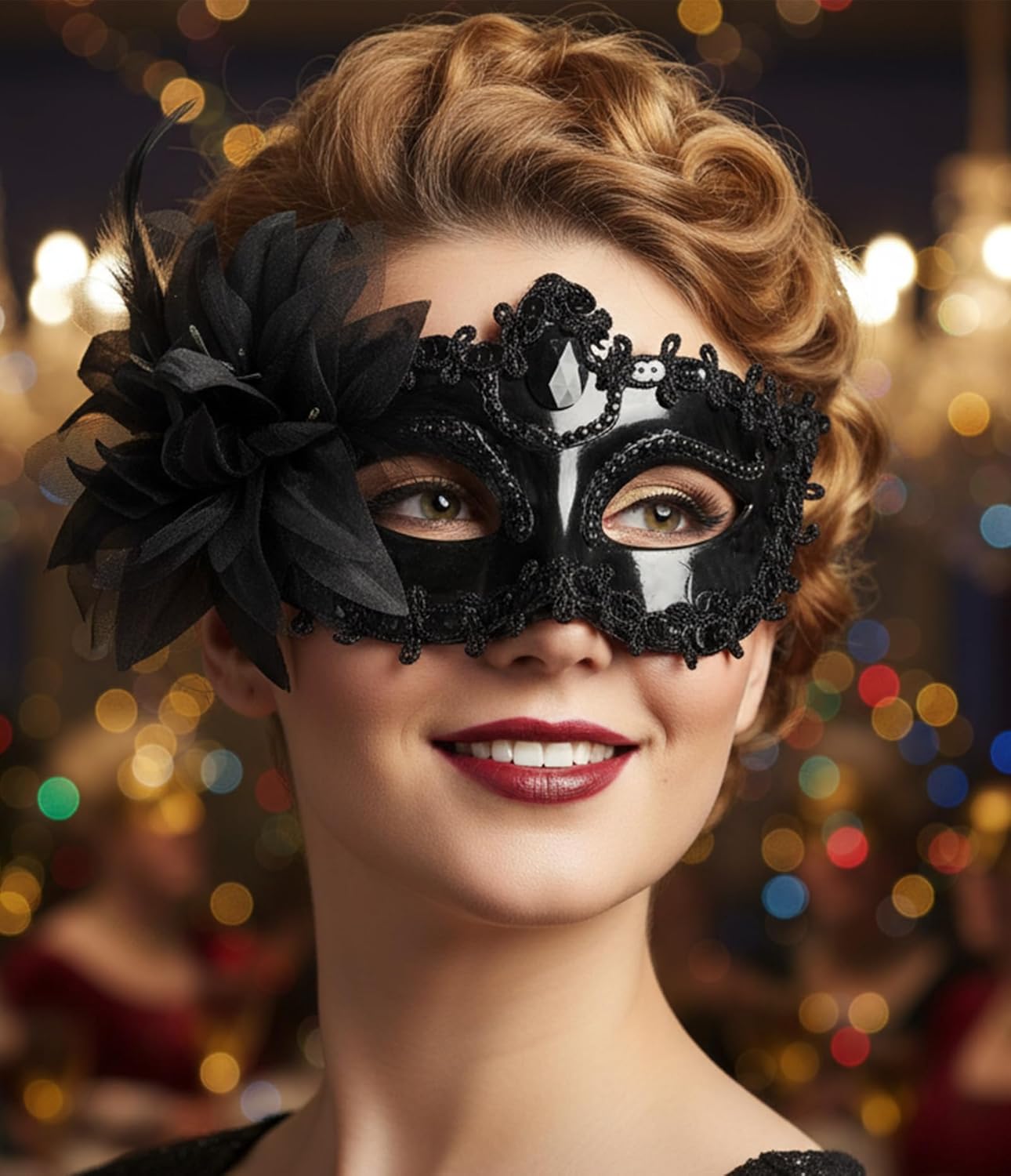 Black Masquerade Mask, Venetian Antifaz for Parties, Flower Lace Elegant Party Costume Accessories - Image 2