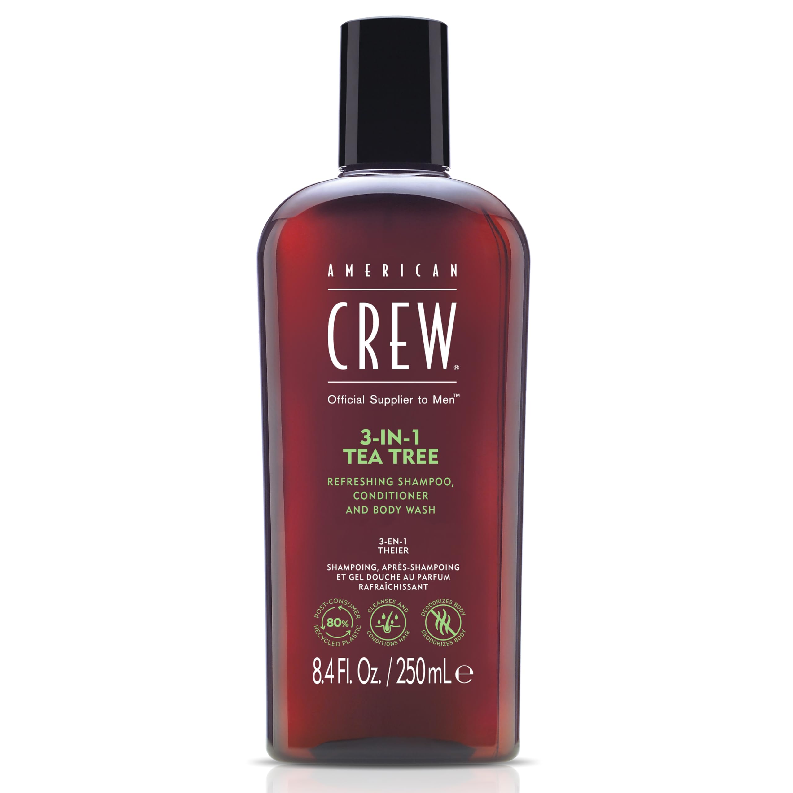 American Crew 3 en 1 Tea Tree, Champú Acondicionador y Gel de Ducha, Limpia y Elimina el Sebo del Cuero Cabelludo, Desodoriza el Cuerpo, Cabello Acondicionado y Brillante, Fragancia Árbol de Té