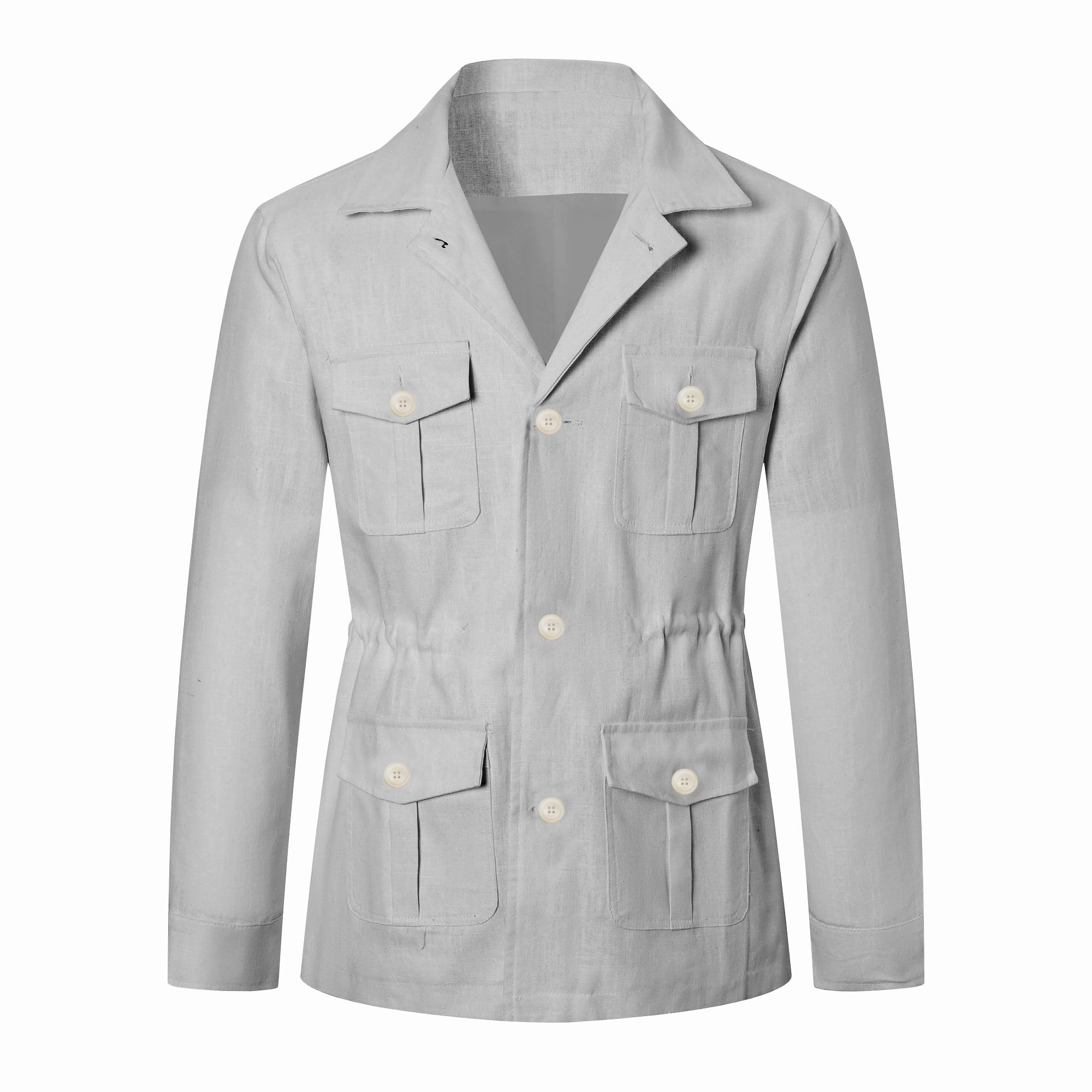 Betusline Men's Safari Linen Long Sleeve Military Cargo Jacket