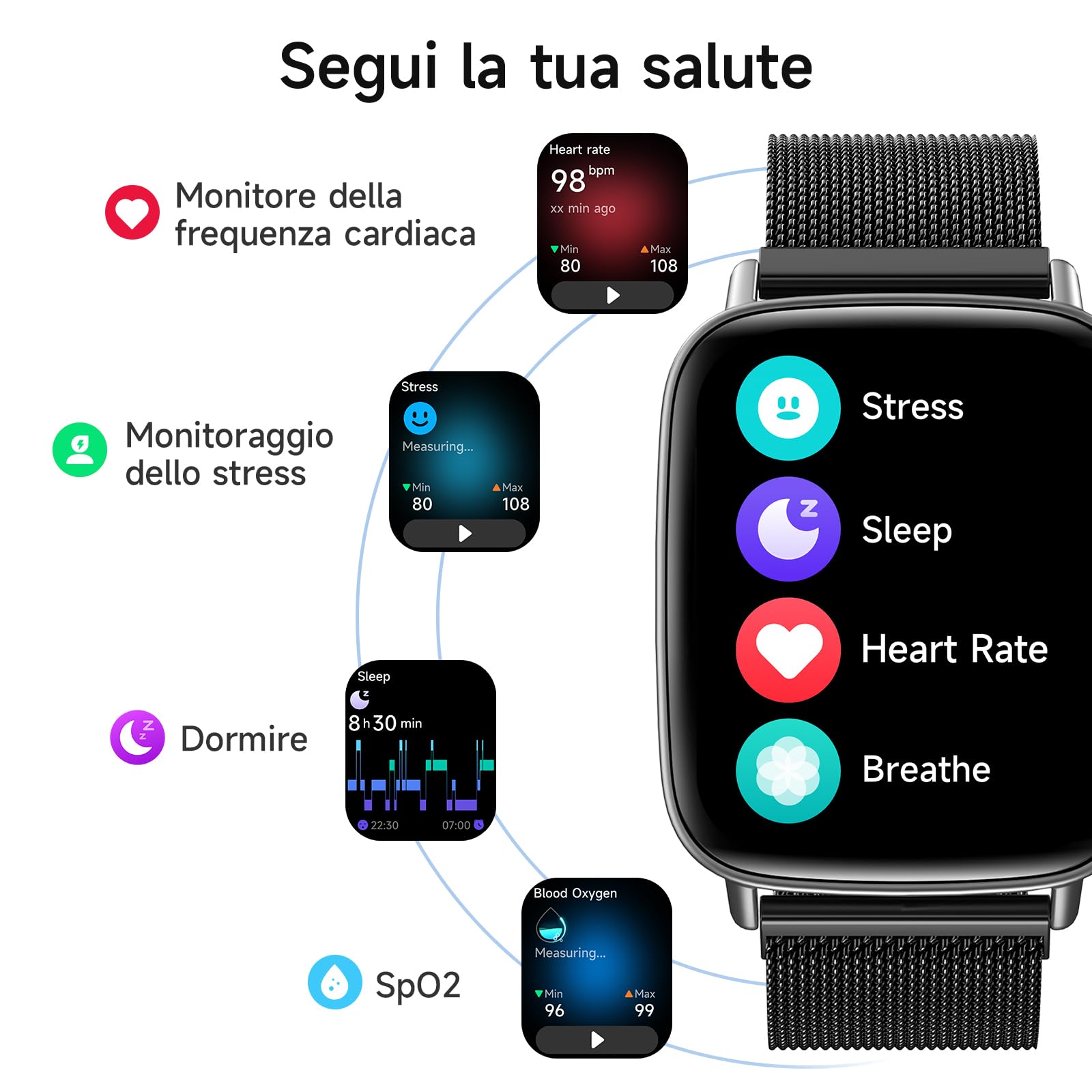 Smartwatch Donna Uomo,1.85" HD Smart Watch Chiamate e Whatsapp,Orologio Fitness Sportivo Cardiofrequenzimetro/SpO2/Sonno/Contapassi,Fitness Tracker 110+ Modalità Sport Impermeabile per Android iOS