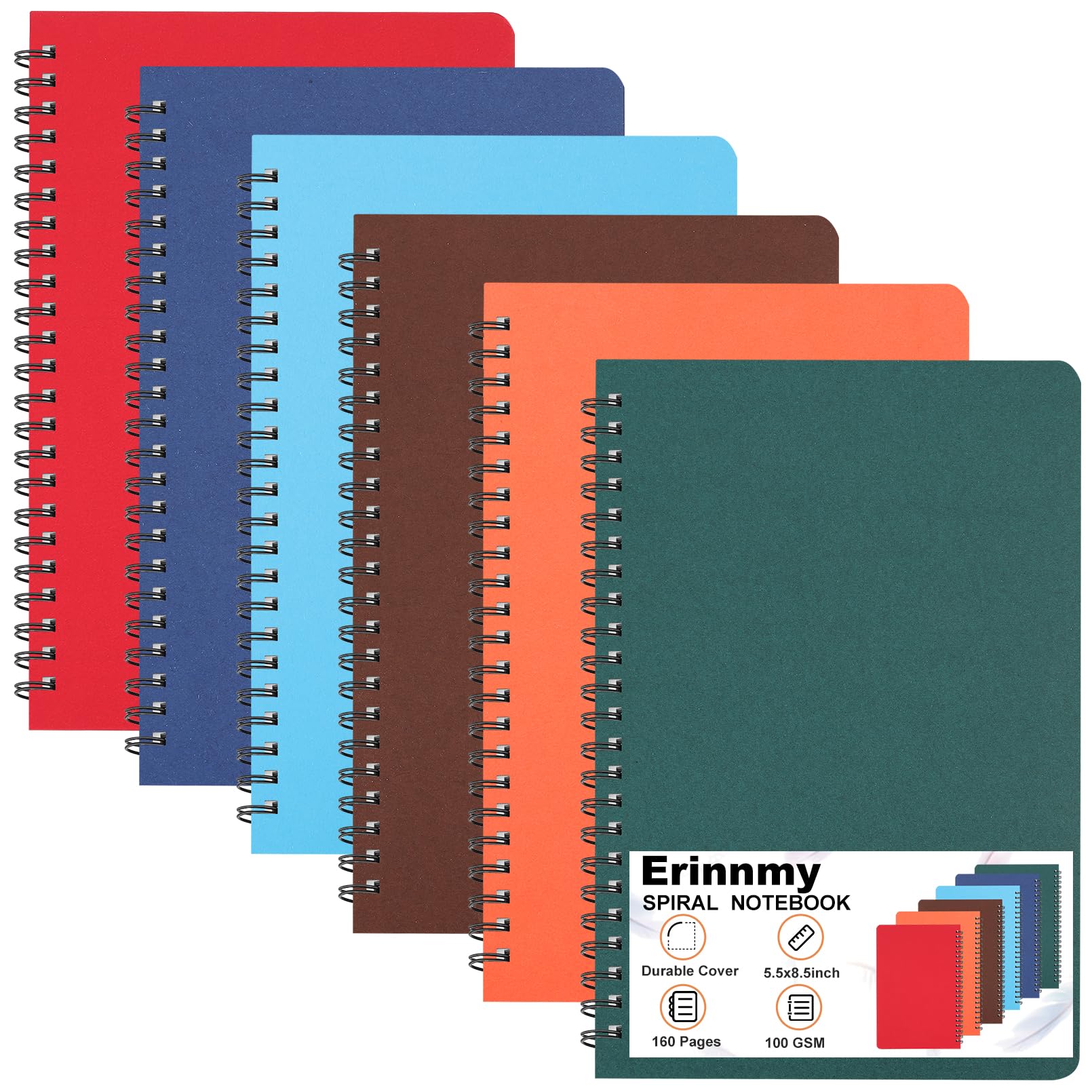 Erinnmy Paquete de 6 cuadernos de espiral de tapa dura, cuadernos A5 con rayas universitarias, 5.5 x 8.5 pulgadas, cuaderno en espiral para trabajo, estudio, oficina, suministros escolares, 80 hojas,