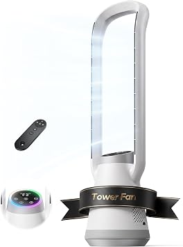 Portable Bladeless Tower Fan, 35.6" Oscillating Fan for Bedroom, 25Ft/s Fan that Blow Cold Air, 12H Timer, 3 Speeds, Remote Control, 180 Max Oscillating, Quiet Fan for Room No Window, White