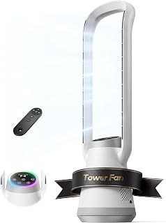 Portable Bladeless Tower Fan, 35.6" Oscillating Fan for Bedroom, 25Ft/s Fan that Blow Cold Air, 12H Timer, 3 Speeds, Remote Control, 180° Max Oscillating, Quiet Fan for Room No Window, White
