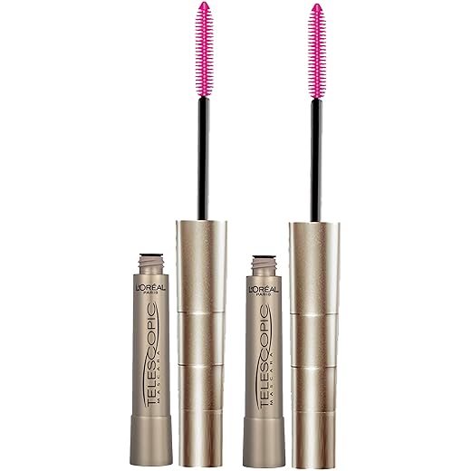 L’Oreal Paris Makeup Original Telescopic Mascara, Separating Mascara Volume and Length Formula, Washable, Black, 0.27 Fl Oz., 2 Count