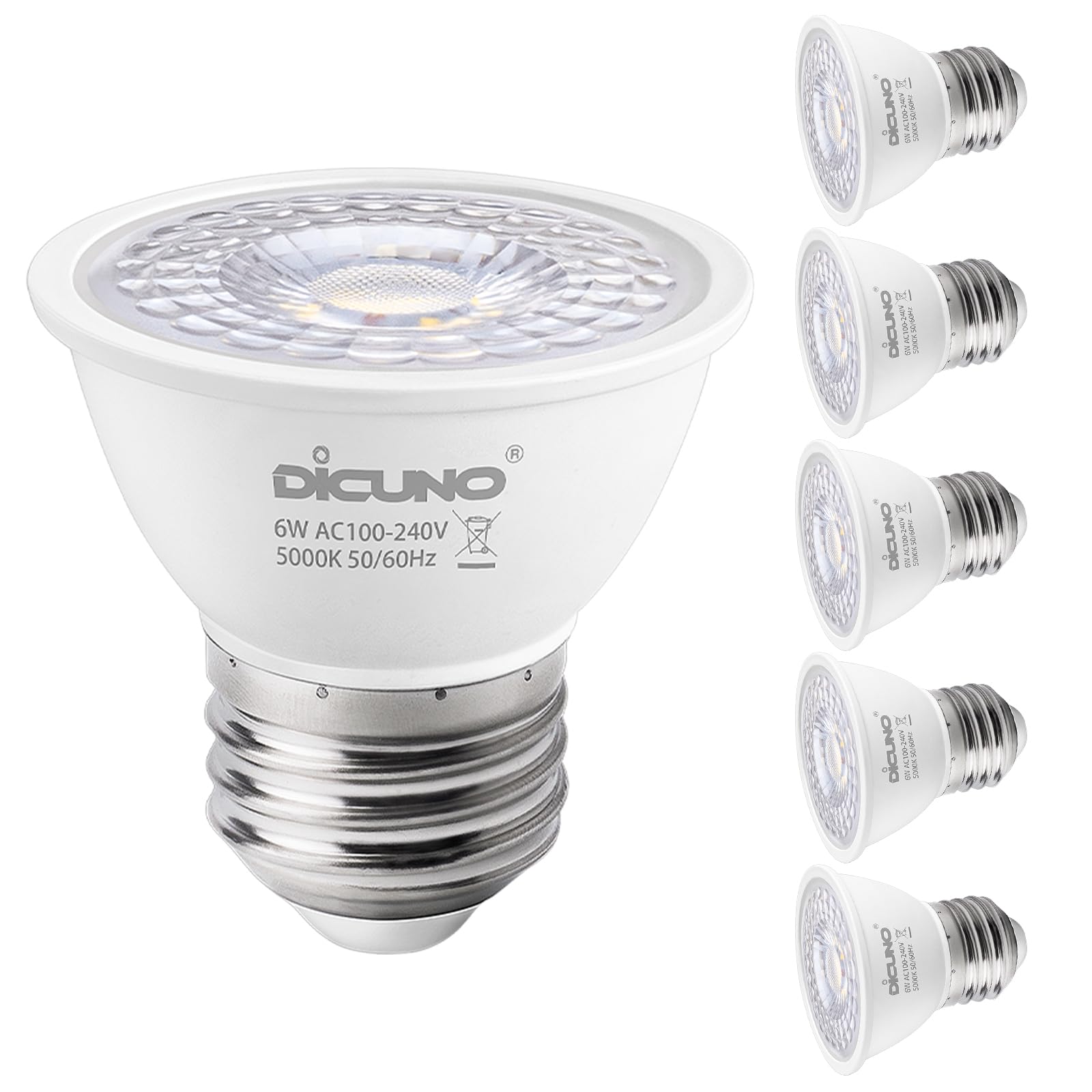 DiCUNO E27 LED Bulb 6W, E27 ES Light Bulbs MR16, Daylight White 5000K, 50W Halogen Replacement, 500LM