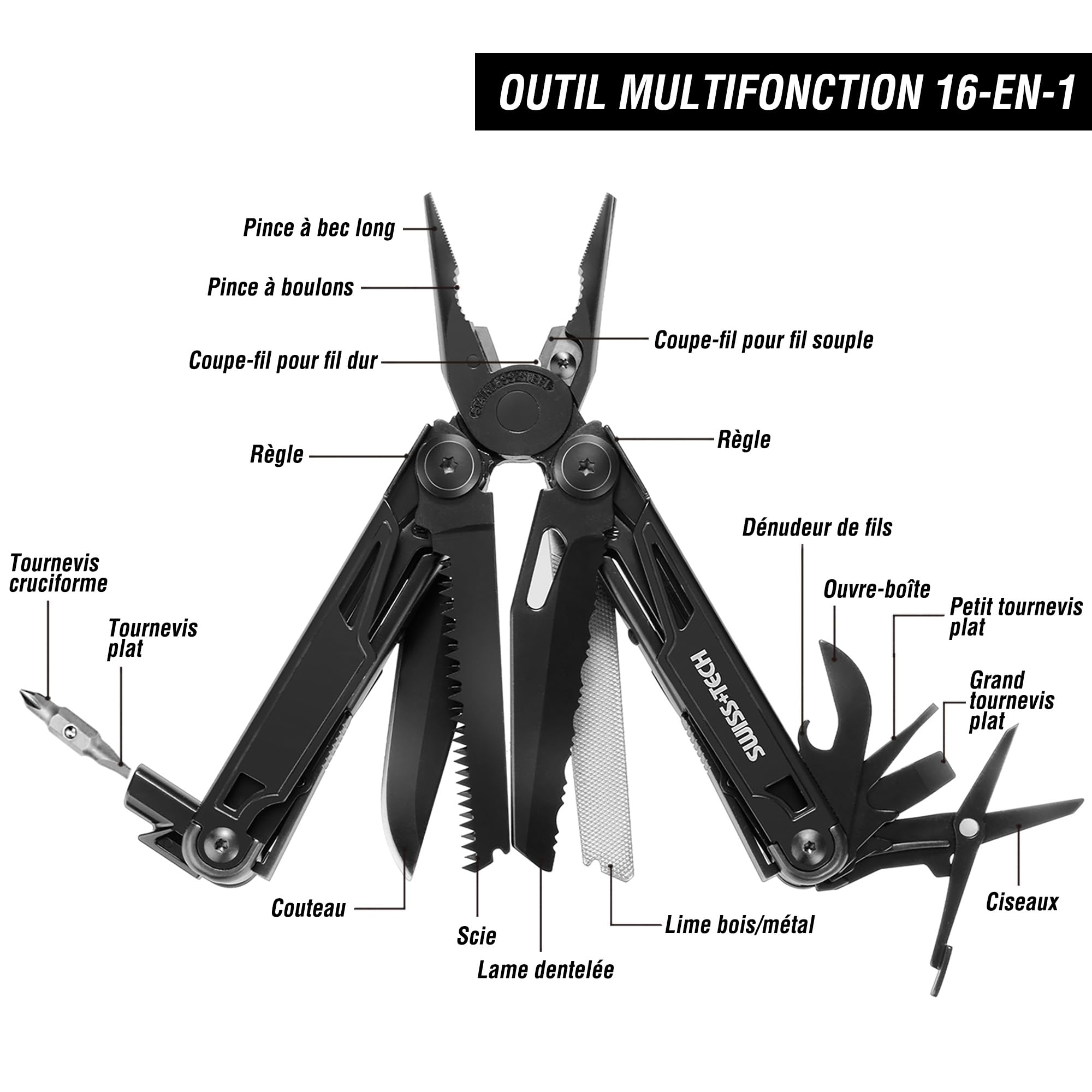 Swiss+Tech Pince Multifonction en Acier Inoxydable 16 en 1 avec Structure Autoverrouillée, Couteau Multifonction avec Scie, Tournevis, Règle, Lime, Ouvre-Boîte pour Camping, Randonnée (Noir)