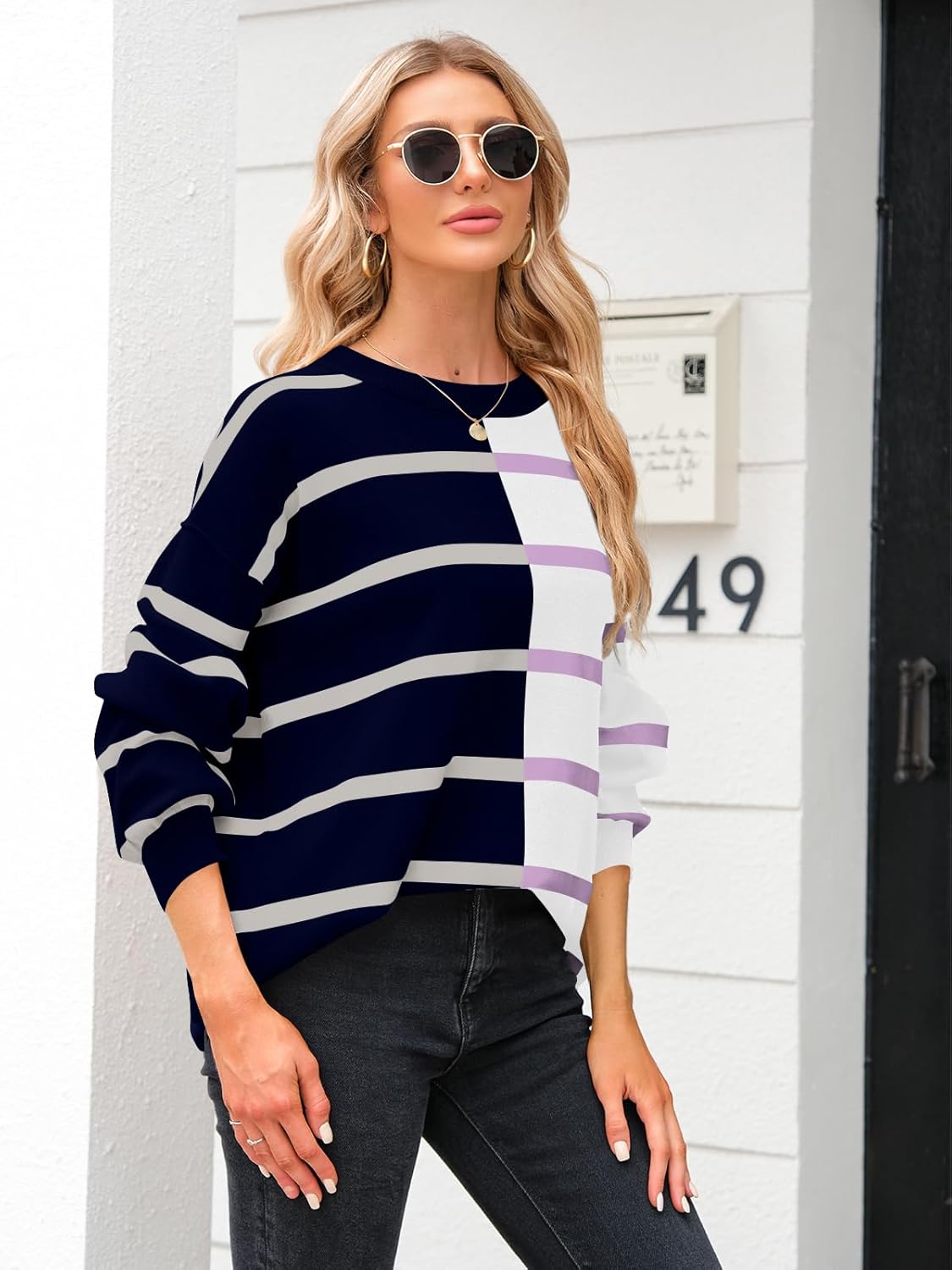 Soze L...Fisoew Womens Striped Pullover Sweater Crew Neck Long Sleeve Knitted Color Block Casual Loose Lightweight Sweaters for Women
