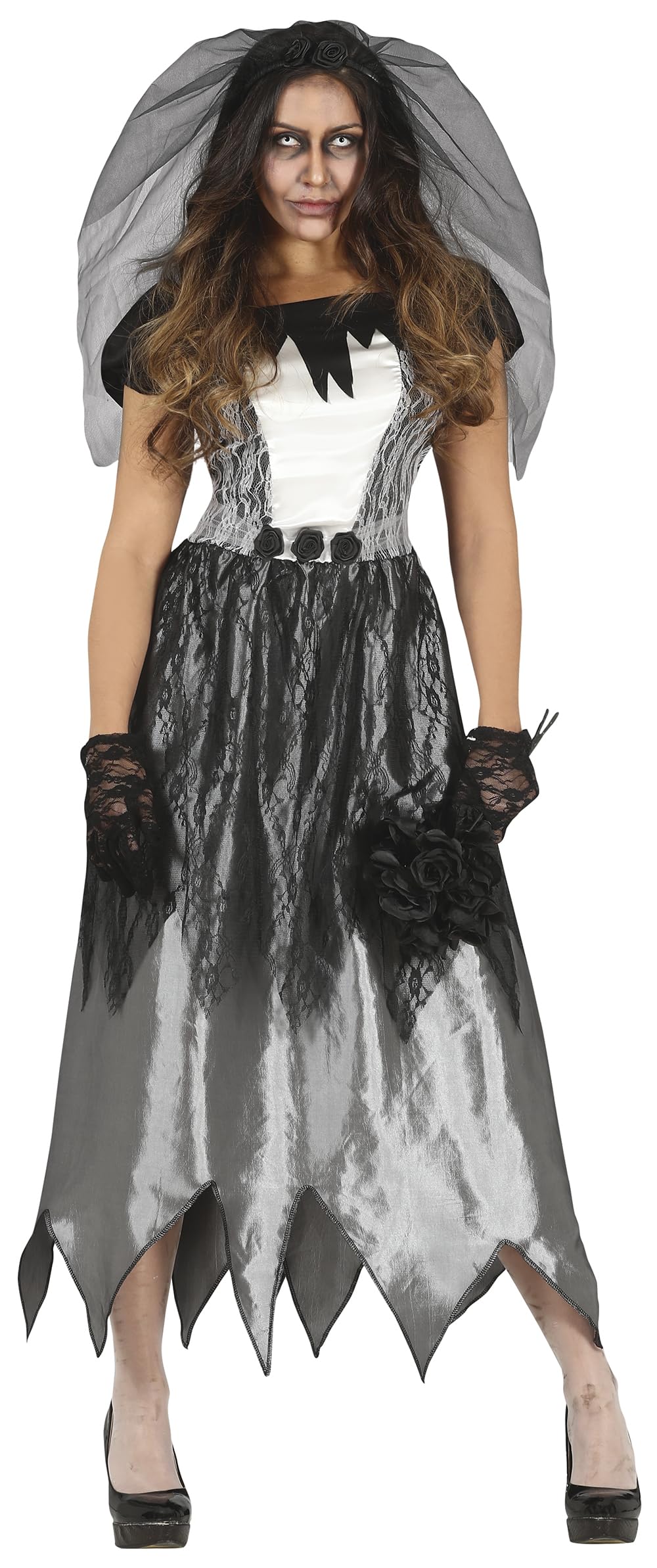 FIESTAS GUIRCA Ghost Bride - Wedding Dress and Headband with Veil Fancy Dress Costume Adult Woman Size L 14-16
