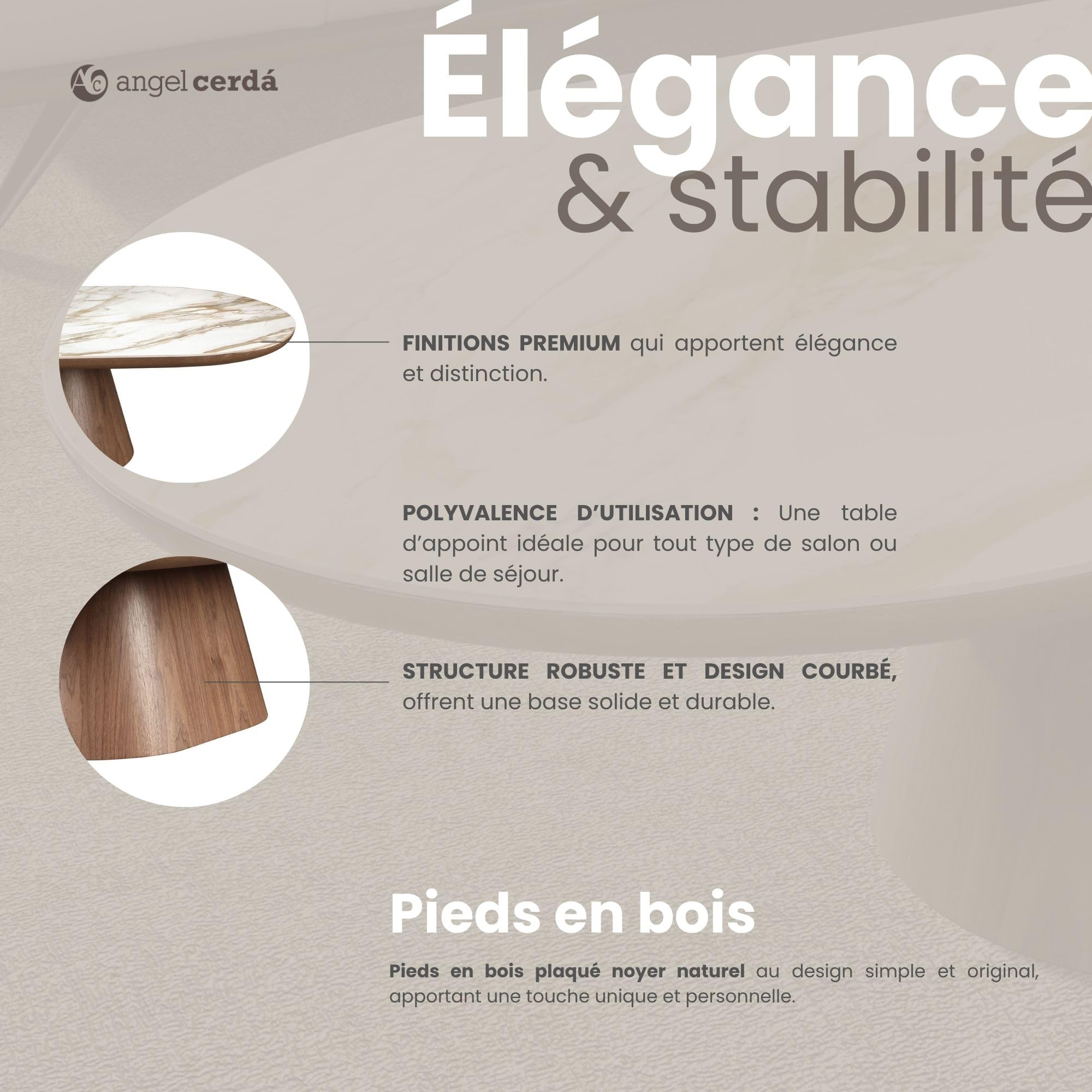 Angel Cerdá – Table Basse Design avec Plateau en Céramique Effet Marbre | Table Basse Ovale Contemporaine et Élégante | Base en Bois | Idéale pour Salon | 160 x 80 x 38 cm