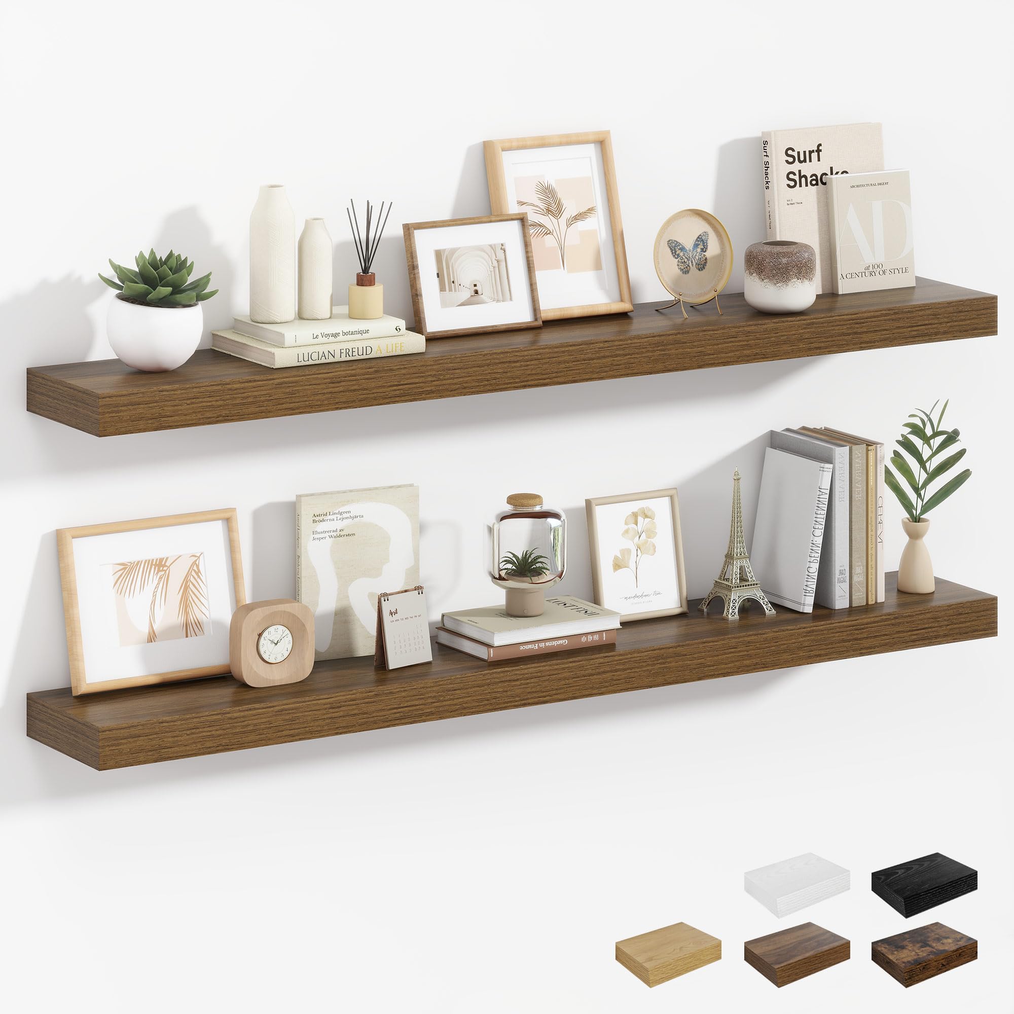 Heimlove 90cm Walnut Floating Shelves for Wall, Set of 2 Wall Mounted Floating Shelf for Home Decor, Wooden Book Shelf for Living, Bathroom, Kitchen Bedroom, Home Office & Book Storage