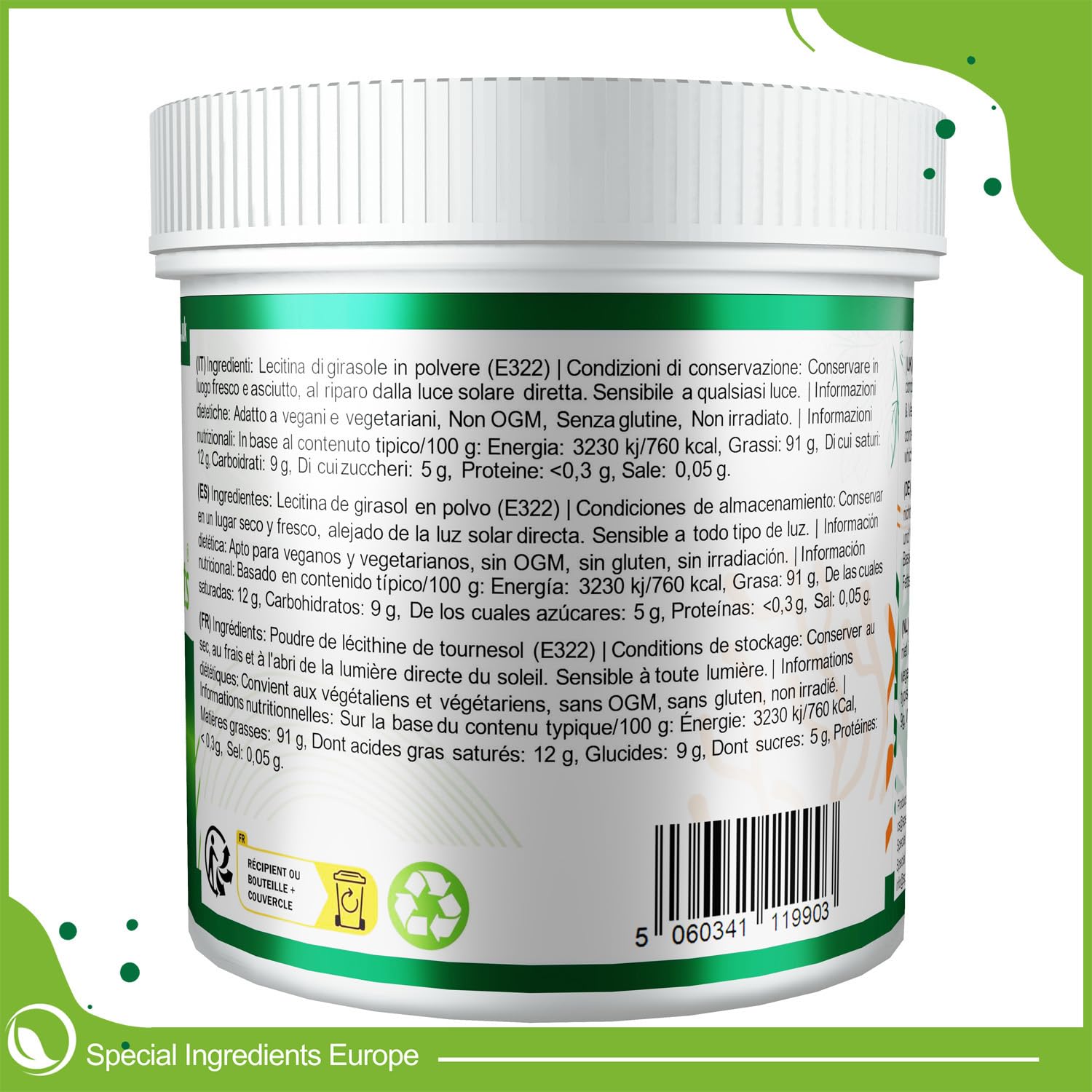 SONNENBLUMENLECITHIN-PULVER 500g HÖCHSTER QUALITÄT GVO-FREI (DEUTSCHE ETIKETTEN UND ANLEITUNGEN)