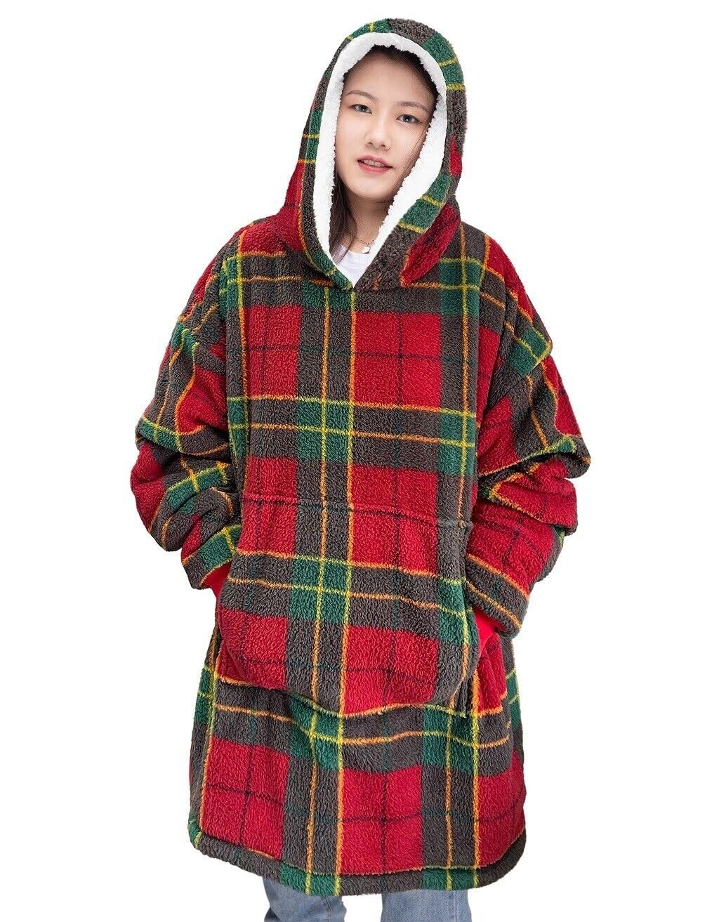 Oversized Wearable Blanket Hoodie, Teddy Fleece Fluffy Sherpa, Printed Hooded Sweatshirt Blanket Pullover, Giant Hooded (Tartan Red)