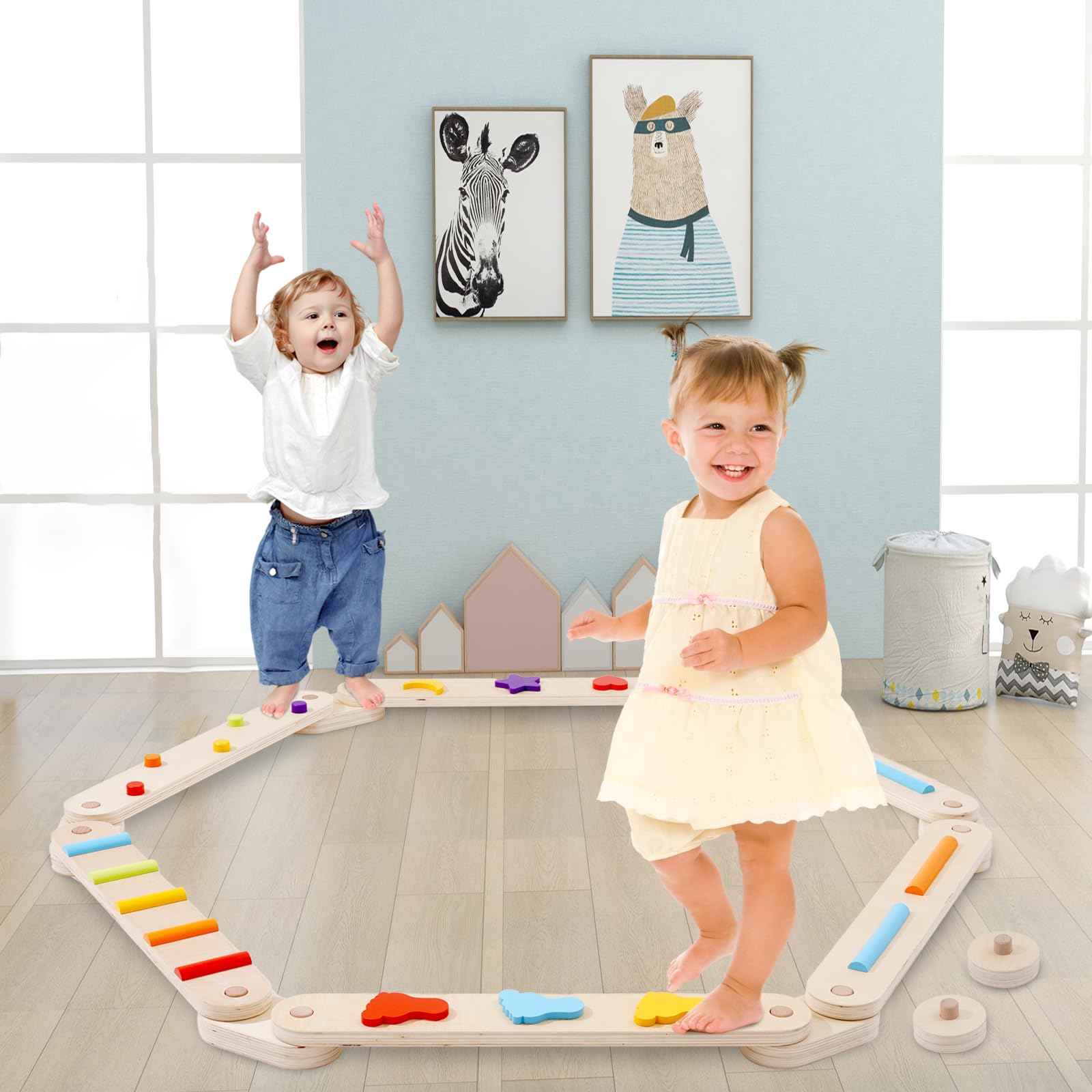 Holz Kleinkinder Schwebebalken Bunte Hindernisstange,Balancierbalken Kinder Montessori Spielzeug für Drinnen und Draußen,Holz-Balance-Board für Kinder für Koordination und Stabilität ab 3-7 Jahren