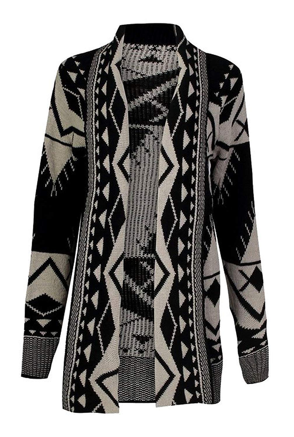 GirlzWalk@ Womens Long Sleeve Front Open Aztec Winter Jumper Top Ladies Knitted Cardigan (Black/Stone, XXL)