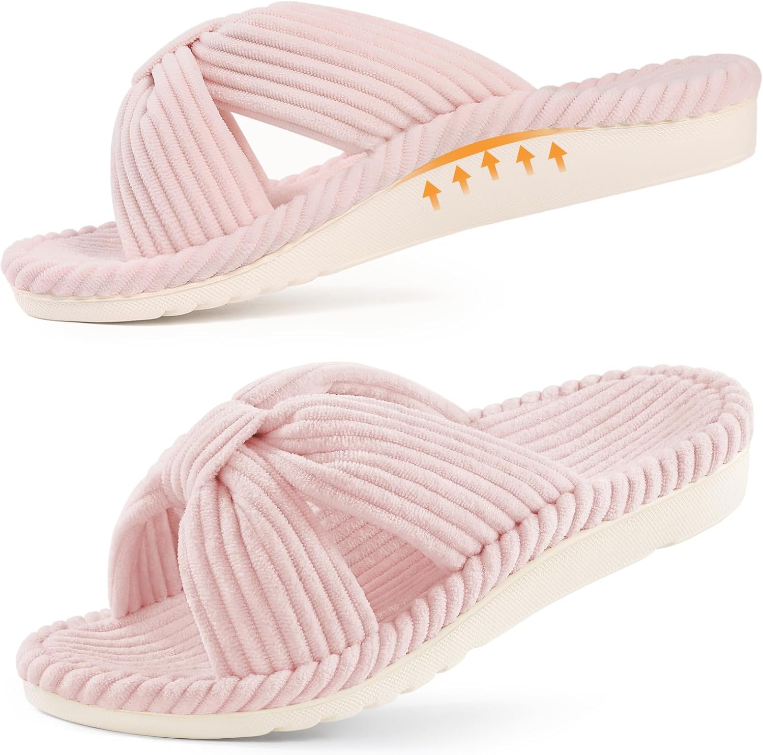 Litfun Orthopedic Arch Support Slippers for Women Comfortable Open Toe Indoor House Slippers Corduroy Cross Bow Bedroom Shoes for Plantar Fasciitis