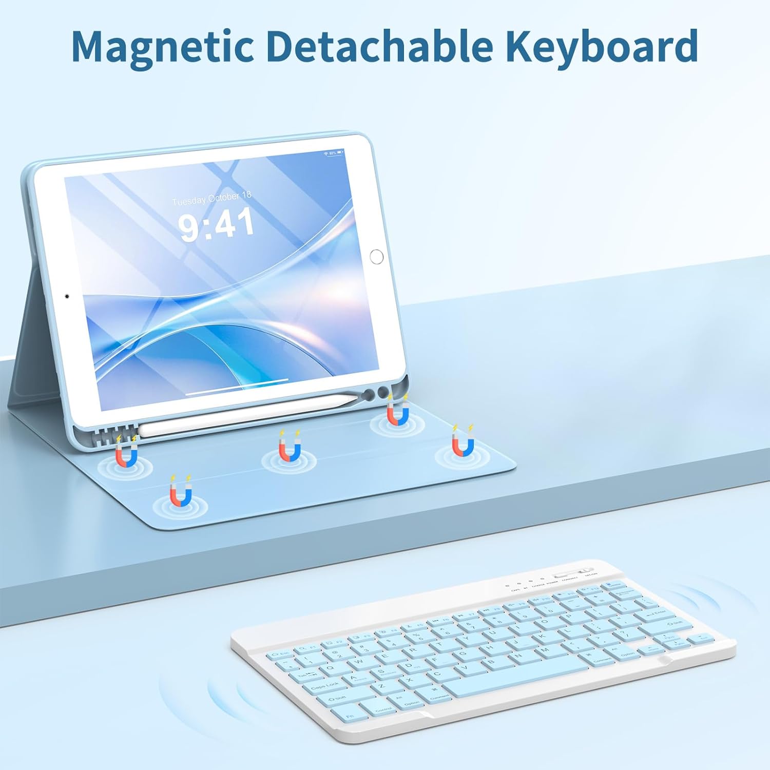 KBCASE Keyboard Case for iPad 9th/8th/7th Generation 2021/2020/2019, Compatible with iPad Air 3/Pro 10.5, Detachable Wireless Keyboard Case for iPad 10.2 inch with Pencil Holder (Light Blue) - Image 3