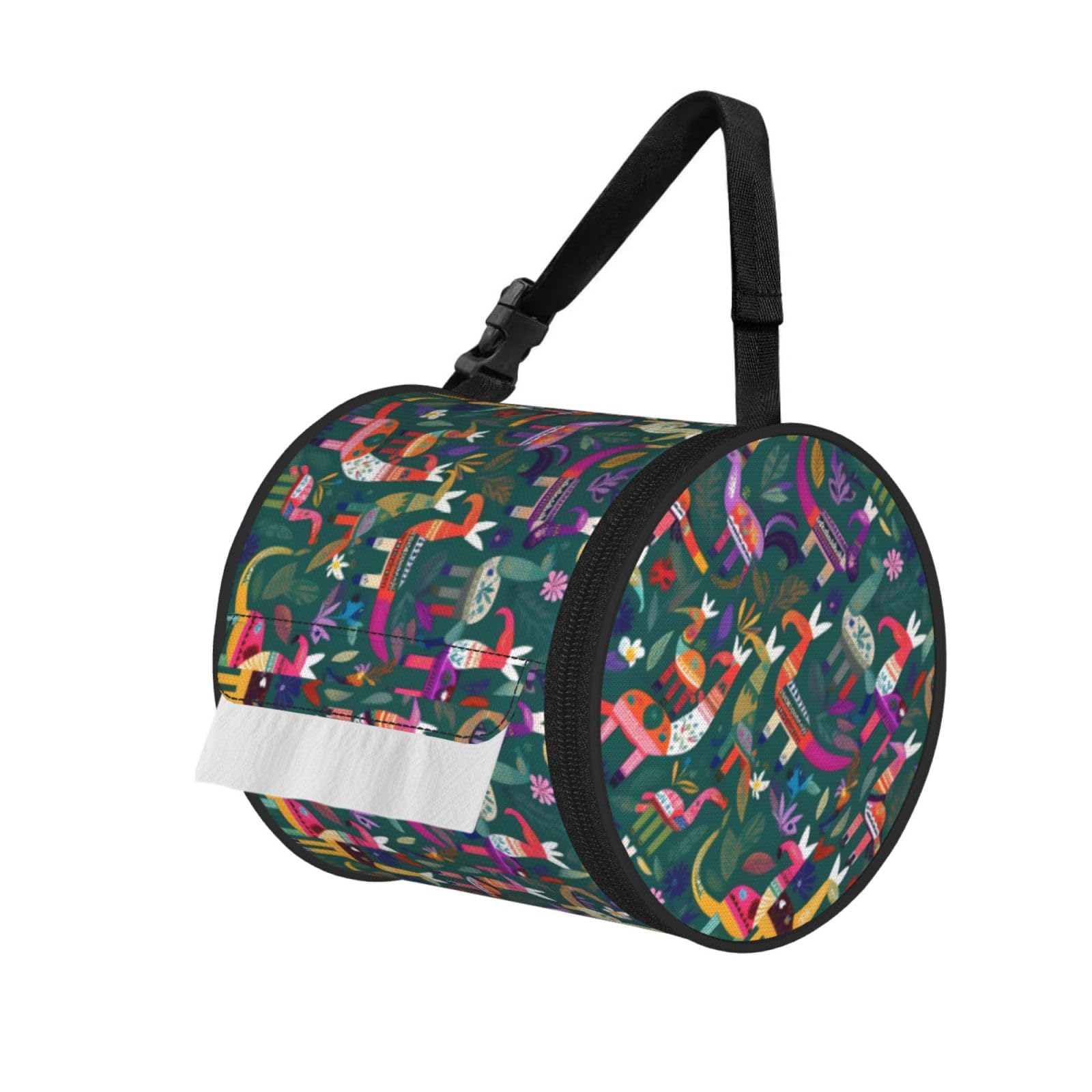 Jiuty Black Mexican Otomi Animal Print Cylinder Tissue Organizer Bag With Strap, Portable Toilet Roll Holder For Camping Car