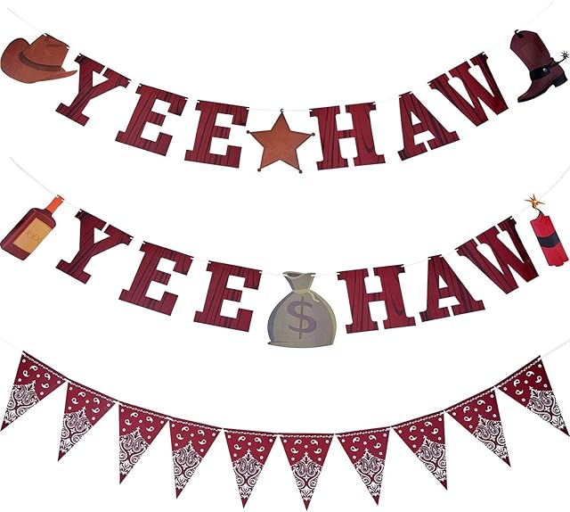 3 Pieces Cowboy Banner Yee Haw Banner Bandana Pennant Banner Wild West Party Accessory for Western Cowboy Party Themed Decoration