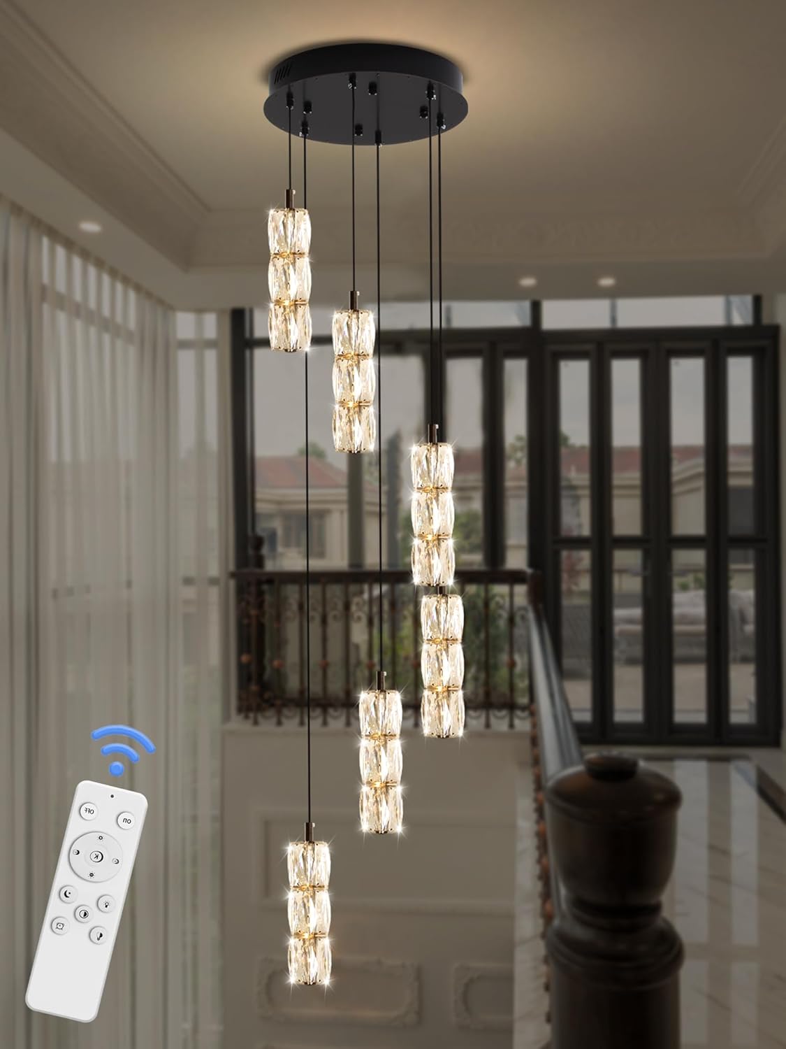 ykolupty Modern Pendant Light for Stairwell LED Dimmable Black Pendant Chandelier Crystal Pendant Light for Kitchen Island Stairwell Foyer Dining Room