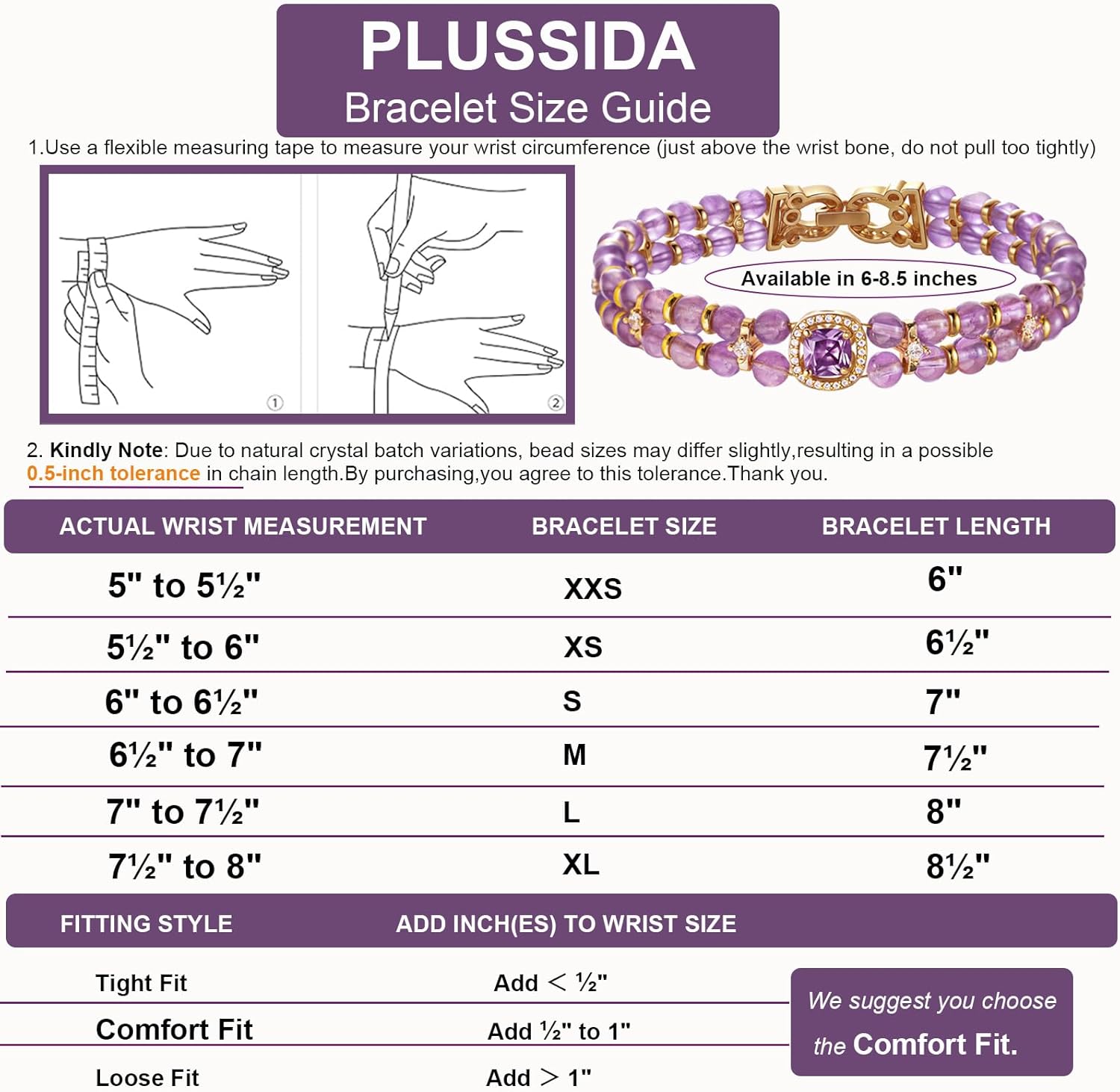 18K Gold Plated 5A Natural Amethyst Tennis Bracelet, Double Row Purple Crystal CZ Beaded Jewelry, 6-8.5 Inch for Women Mom Daughter Teens, Graduation Mother's Day Birthday Holiday Gift