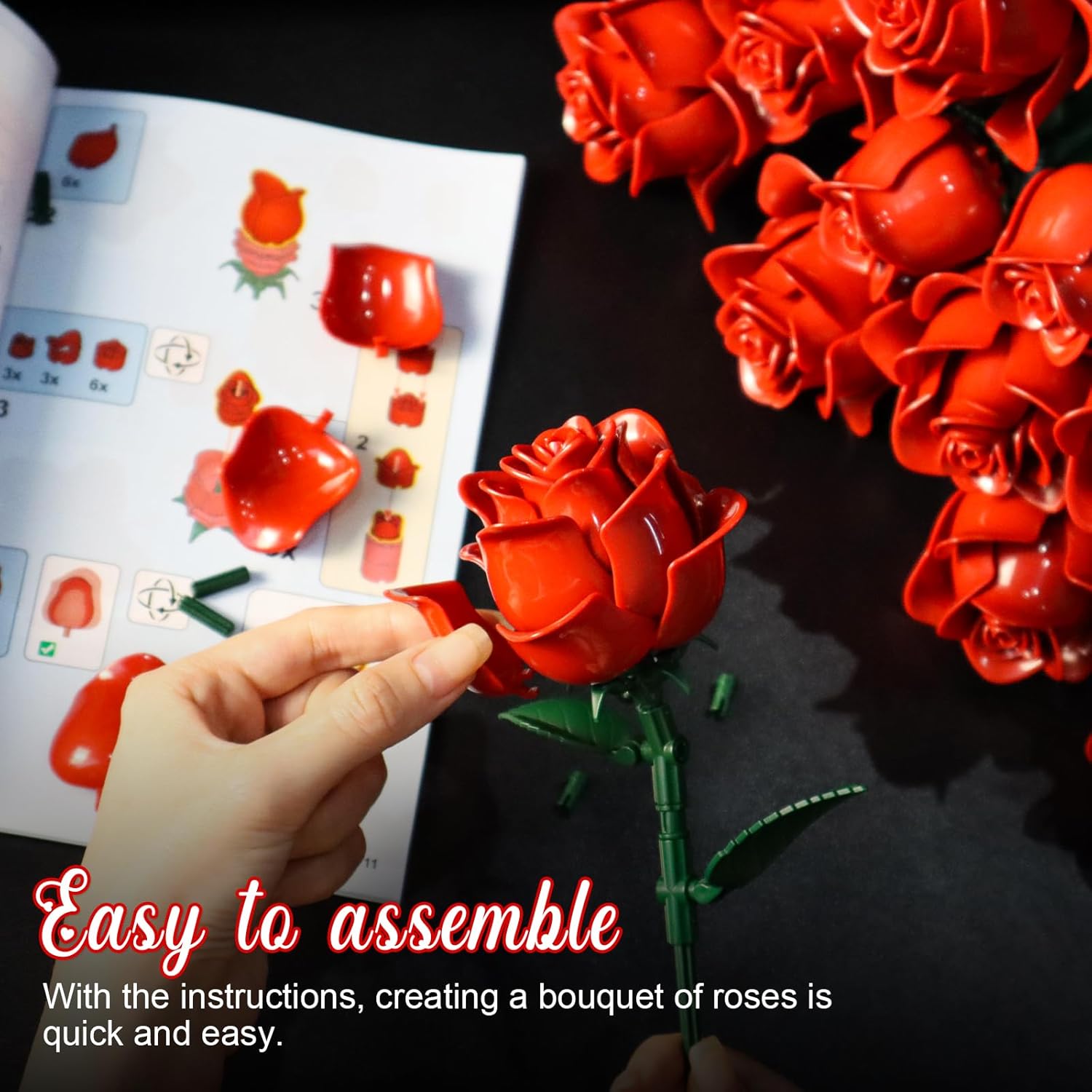 Gohero Red Roses Building Blocks Set (546PCS) - Lego Compatible Flowers for Adults, Gothic Home Decor, for Women & Teen Girls, Making It an Ideal Gift for & Valentine's Day