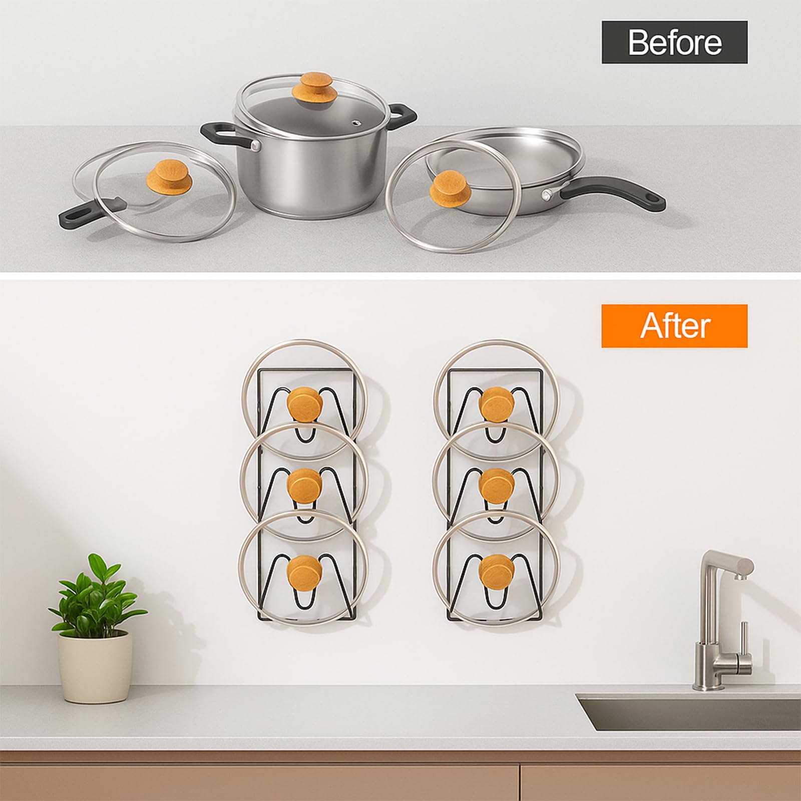 Topfdeckel-Organizer, 6-stöckig, Topfdeckel-Halter für Schranktür/Wand, Wand-/Türmontage, rostfreie Topf- und Pfannenabdeckung mit Klebstoff für die Aufbewahrung in der Küche, 2 Stück