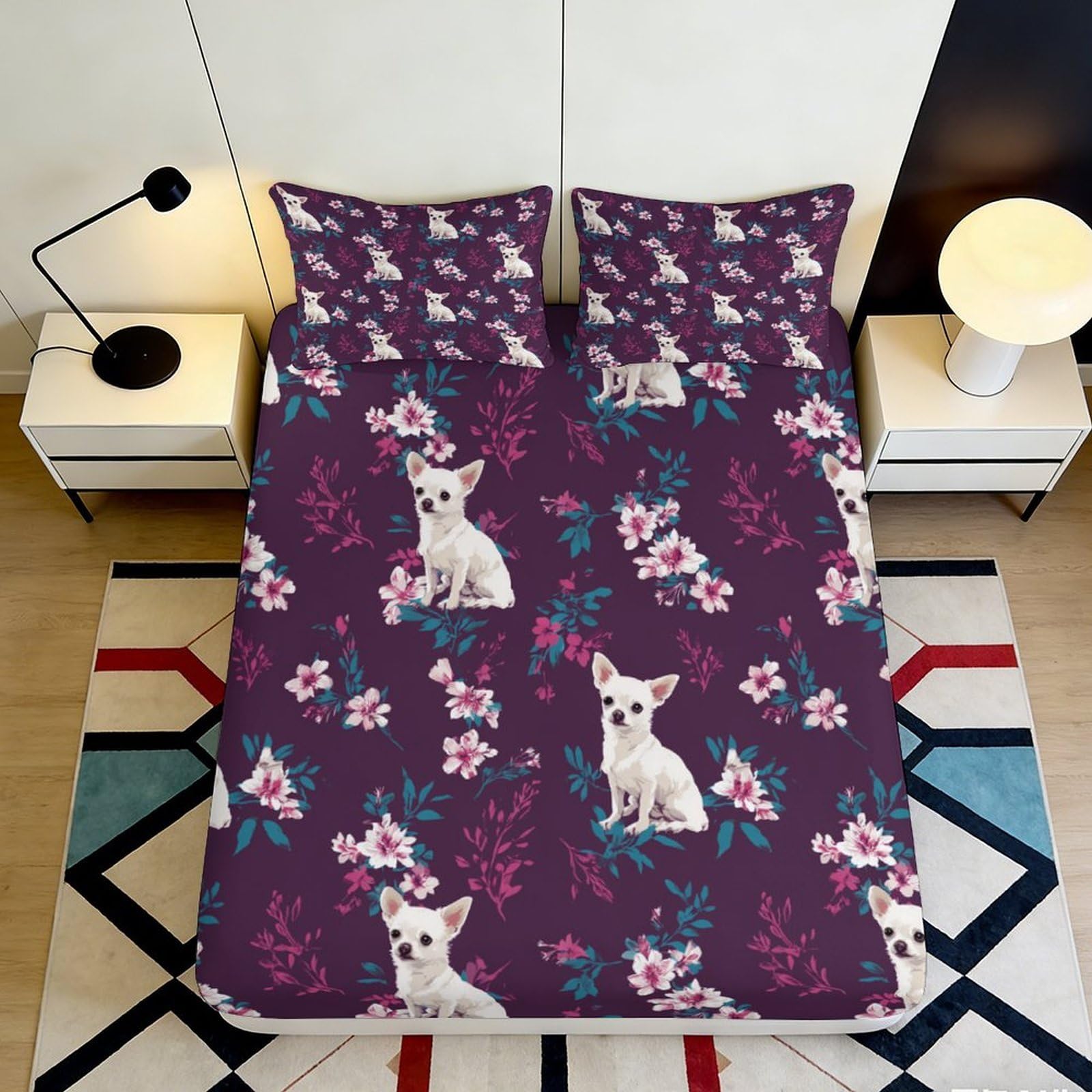Pnayamiorkfel Style-9 3D Printed Chihuahua Floral Fitted Sheet Microfiber Soft Purple Dog Bed Cover Decor For Bedroom Guest Room 90X200x25cm