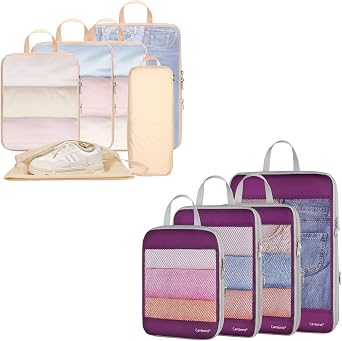 Cambond 6 Set See Through Mesh Compression Packing Cubes Khaki Bundle with 4 Set See Through Compression Packng Cubes Purple