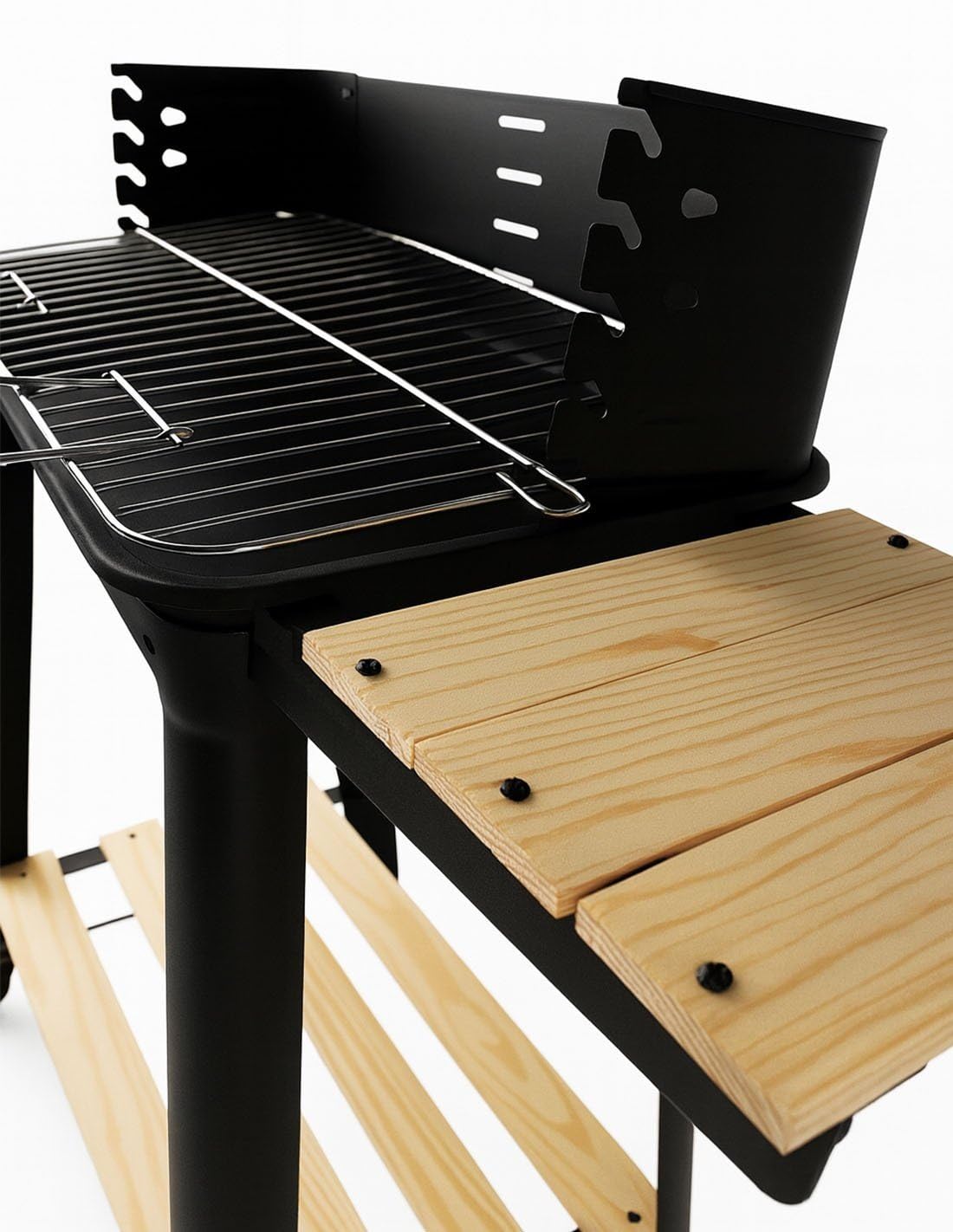JARDIN202 - Barbacoa Rectangular de Carbón con Parrilla Cromada Arizona | Ruedas para Transporte | Bandeja de Madera | Grill Exterior | (Negro)