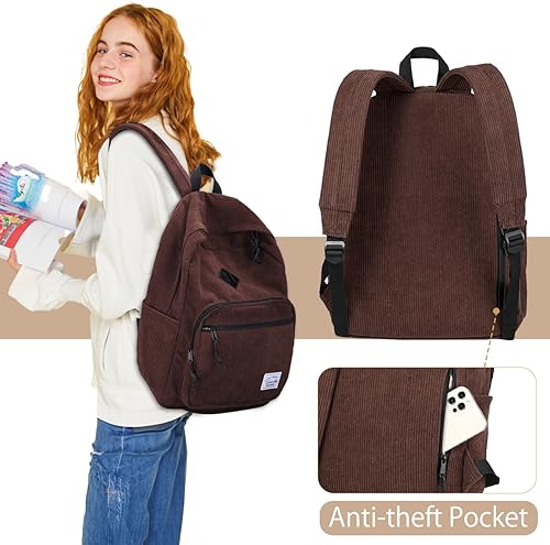 Miniatura 5 de VASCHY Mochila de viaje de pana, estilo vintage, casual, kawaii, bonita, estética, mullida, de forro polar, mochila para la escuela, adolescentes,