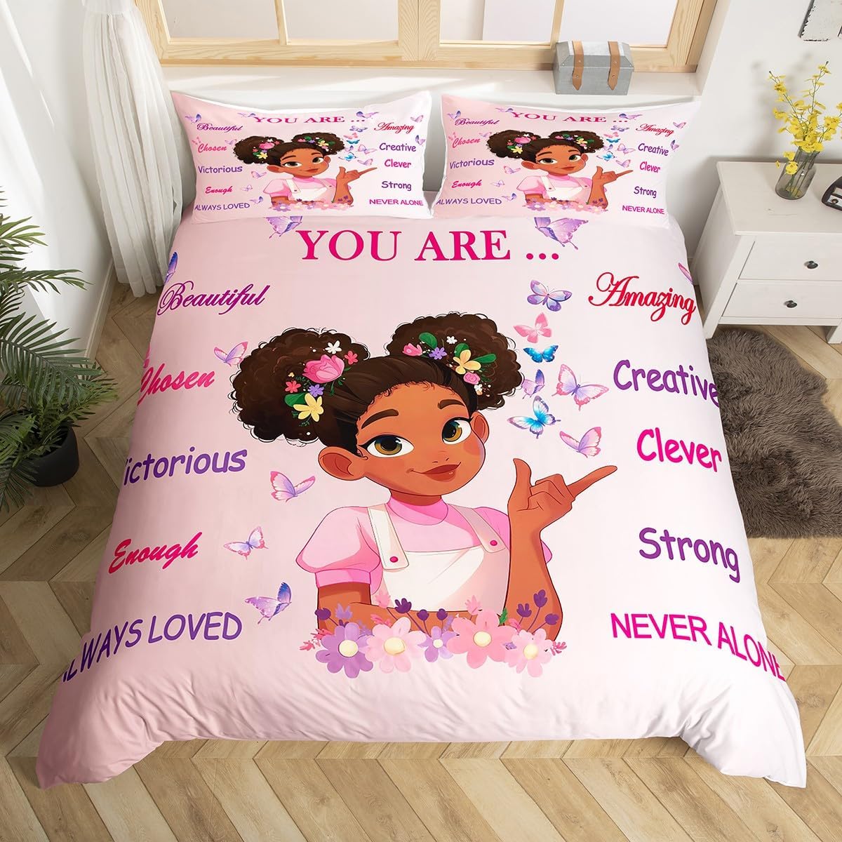 Erosebridal Black Princess Cute Girl Duvet Cover Magical Girls Bedding Sets Bedroom, Butterfly Kids Bed Set Toddler Size for Baby Floral Decorations Butterflies Bed Cover Toddler Room Decor