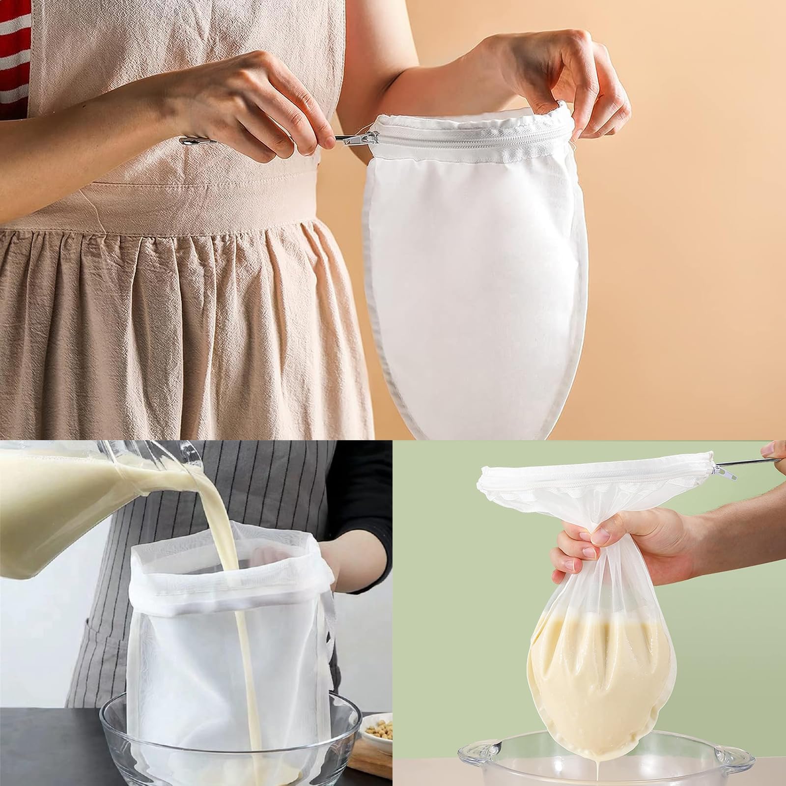 4 Nussmilchbeutel Set Mit Stahlring - Wiederverwendbare Passiertücher Für Küche