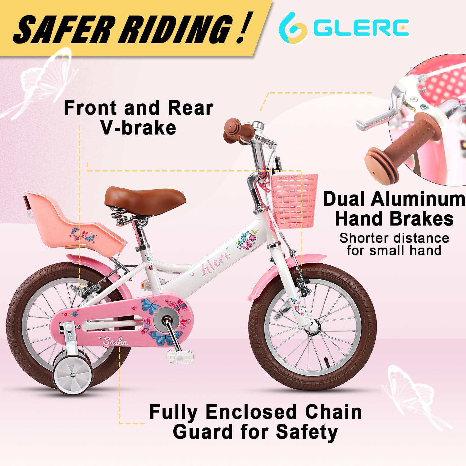 Glerc Sasha 12 14 16 20 Zoll Kinderfahrrad für Mädchen im Alter von 2-12 Jahren Kleine Mädchen Kleinkinder Retro Vintage Stil Kinderfahrräder mit Puppenfahrradsitz & Stützrädern