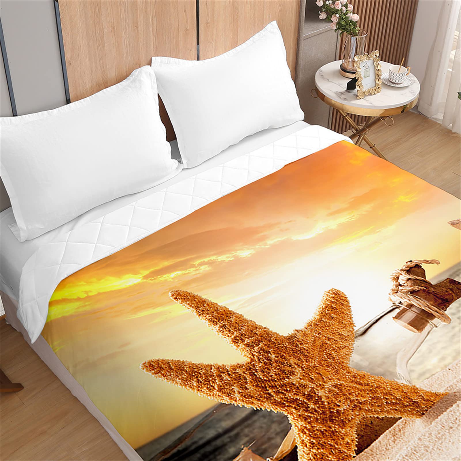 Odot 3D Océano Playa Patrón Colcha Bouti Invierno Cama 90/135/150 Acolchada Colchas Cubre Cama Individual o Matrimonio Multiusos Ligera y Suave Colcha Cama (180x220cm,Sol Oro)