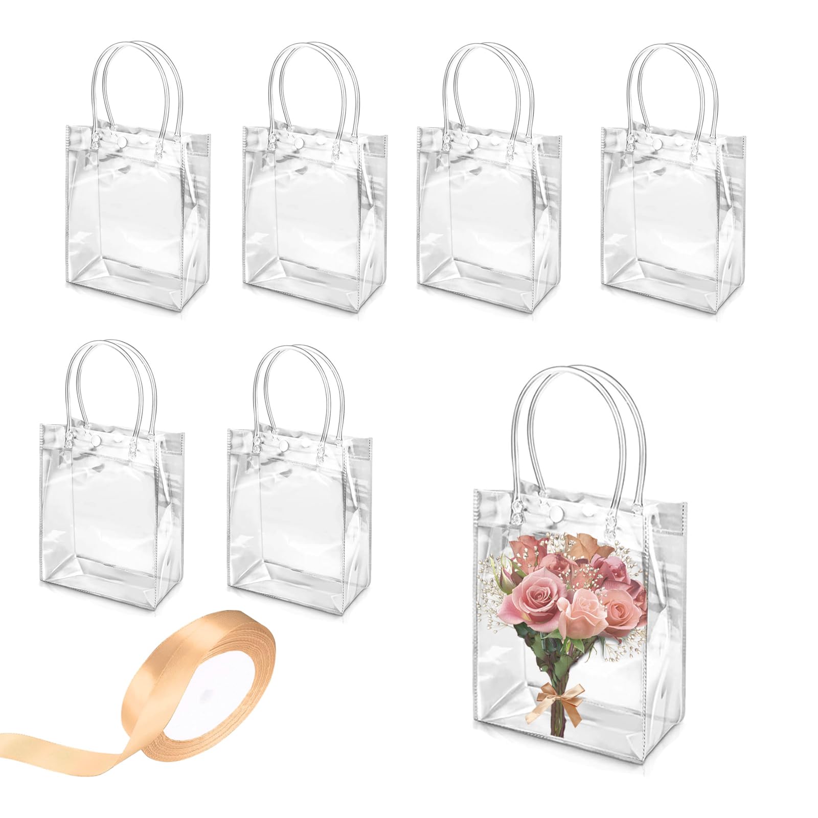 6 Sacchetti Regalo Trasparenti In PVC Con Maniglie – 25x20x7 Cm – Riutilizzabili Per Bomboniere, Compleanni E Shopping