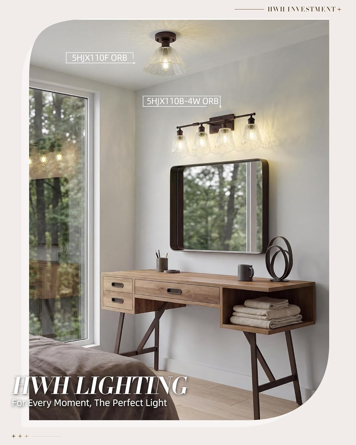 HWH 4-Light Bathroom Vanity Light, Wall Light Sconces for Bathroom, Farmhouse Bathroom Mirror Wall Light with Clear Floral Glass, Oil-Rubbed Bronze Finish, 5HJX110B-4W ORB