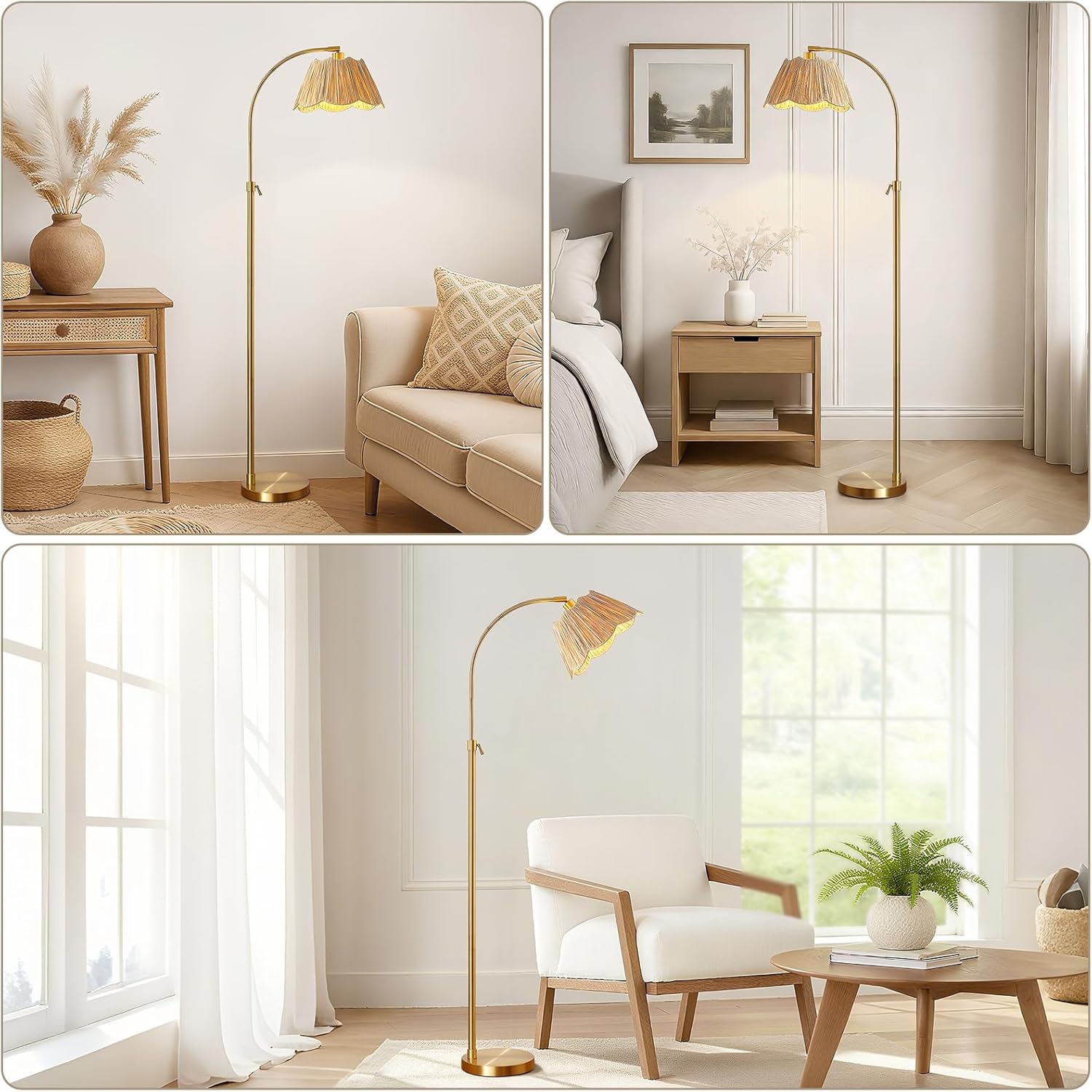 RORIANO 64'' Boho Rattan Arc Floor Lamp for Living Room, Farmhouse Adjustable Height Standing Lamp with Hand-Woven Shade and Foot Switch for Bedroom Corner Study Home Office, Bulb Included