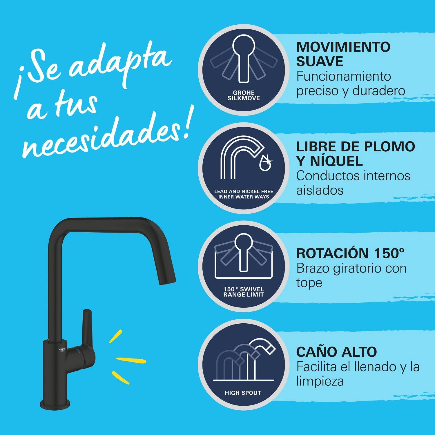 GROHE Start Monomando de fregadero 1/2" QuickFix (Montaje monomando giratorio 150°, caño alto), Negro mate 304702430