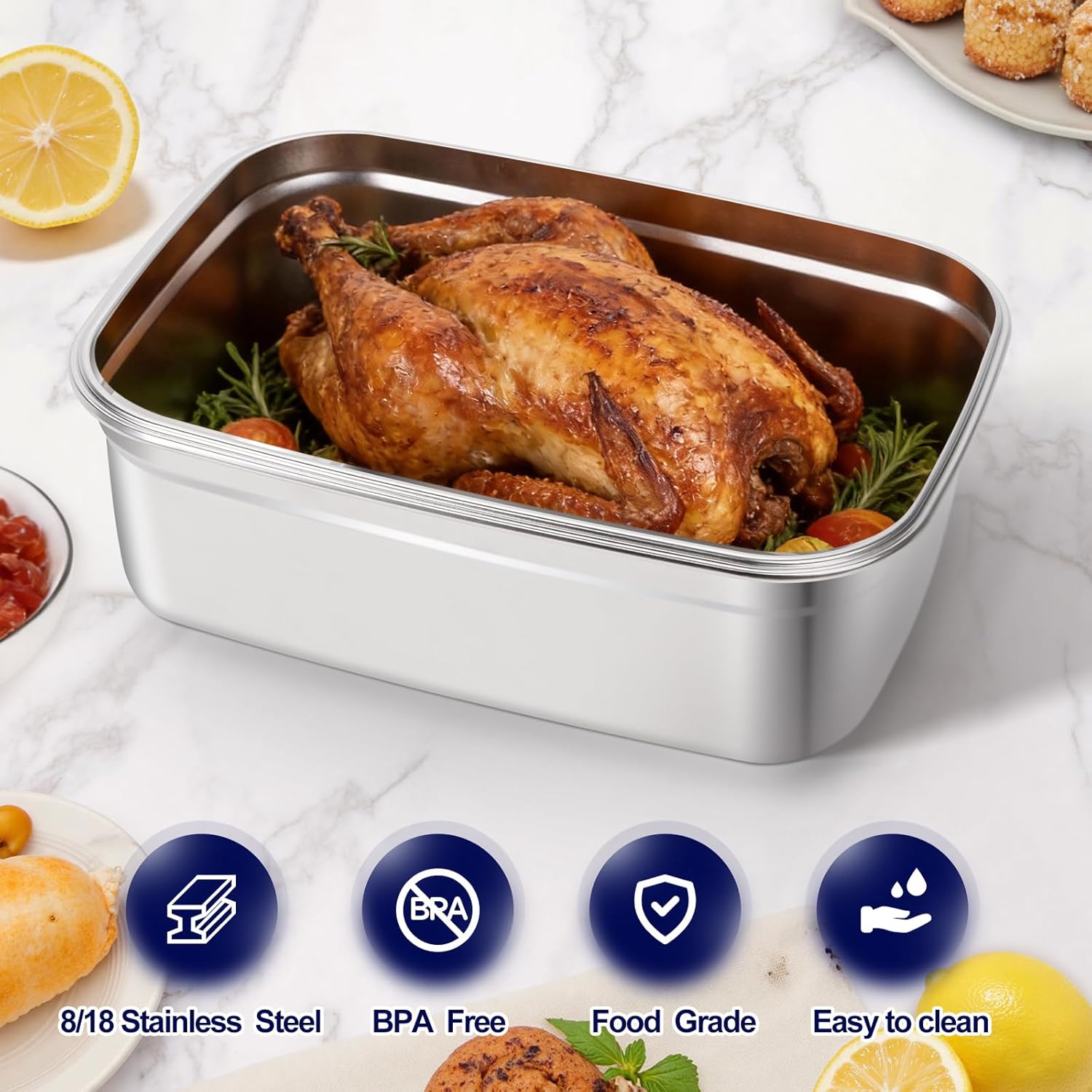 QCQHDU Stainless Steel Food Storage Containers, 5500 ML/ 186 oz / 23 Cup Large Food Storage Meal Prep Containers with Airtight Lids for Roasting Turkey, Chicken, Baking Casserole, Fruits, Party