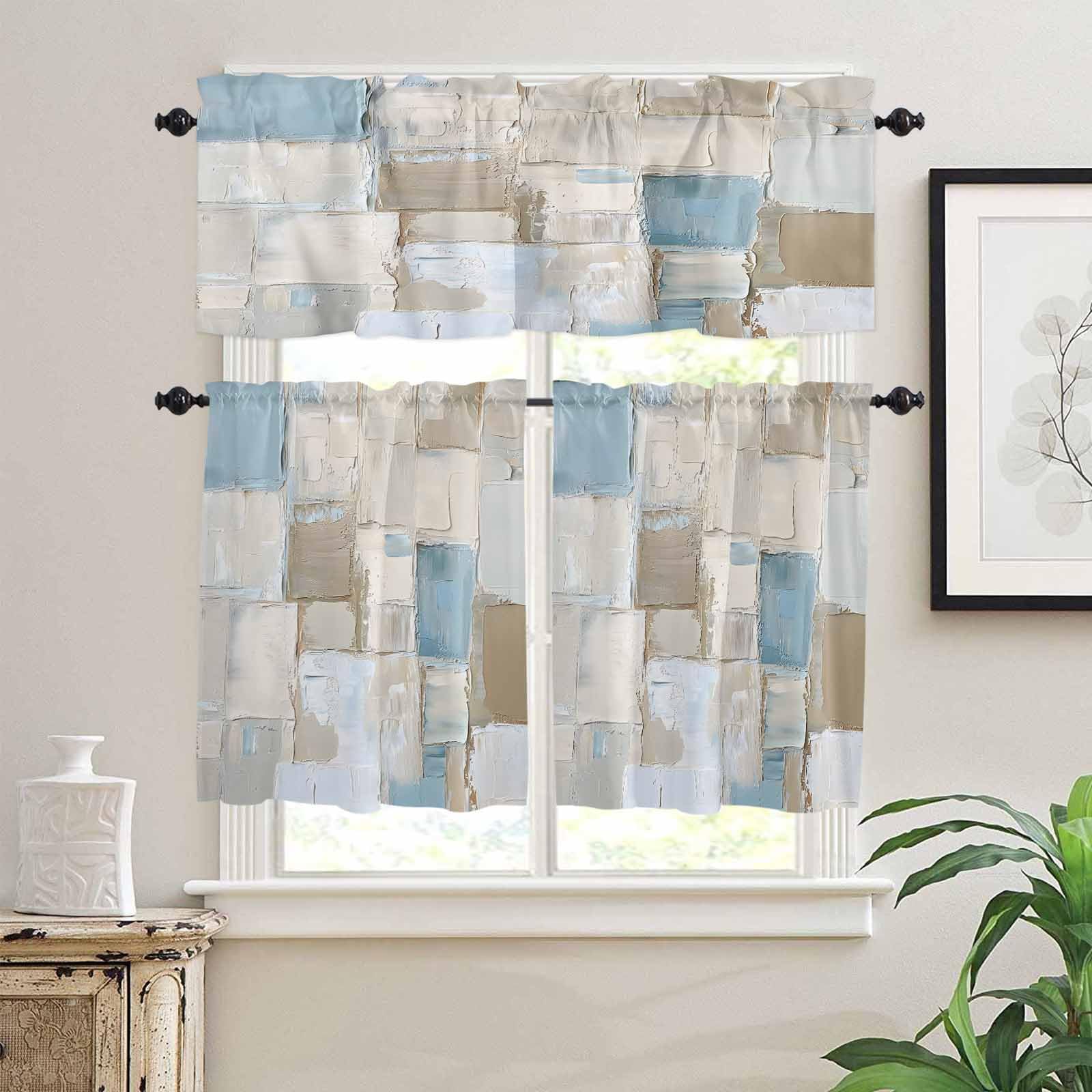 Blue Brown Color Blocks Kitchen Curtains 36 Inch Length,3 Piece Rod Pocket Small Half Tiers and Valance Set,Abstract Oil Painting Geometric Small Large Window Treatment Decor for Bedroom/Bathroom