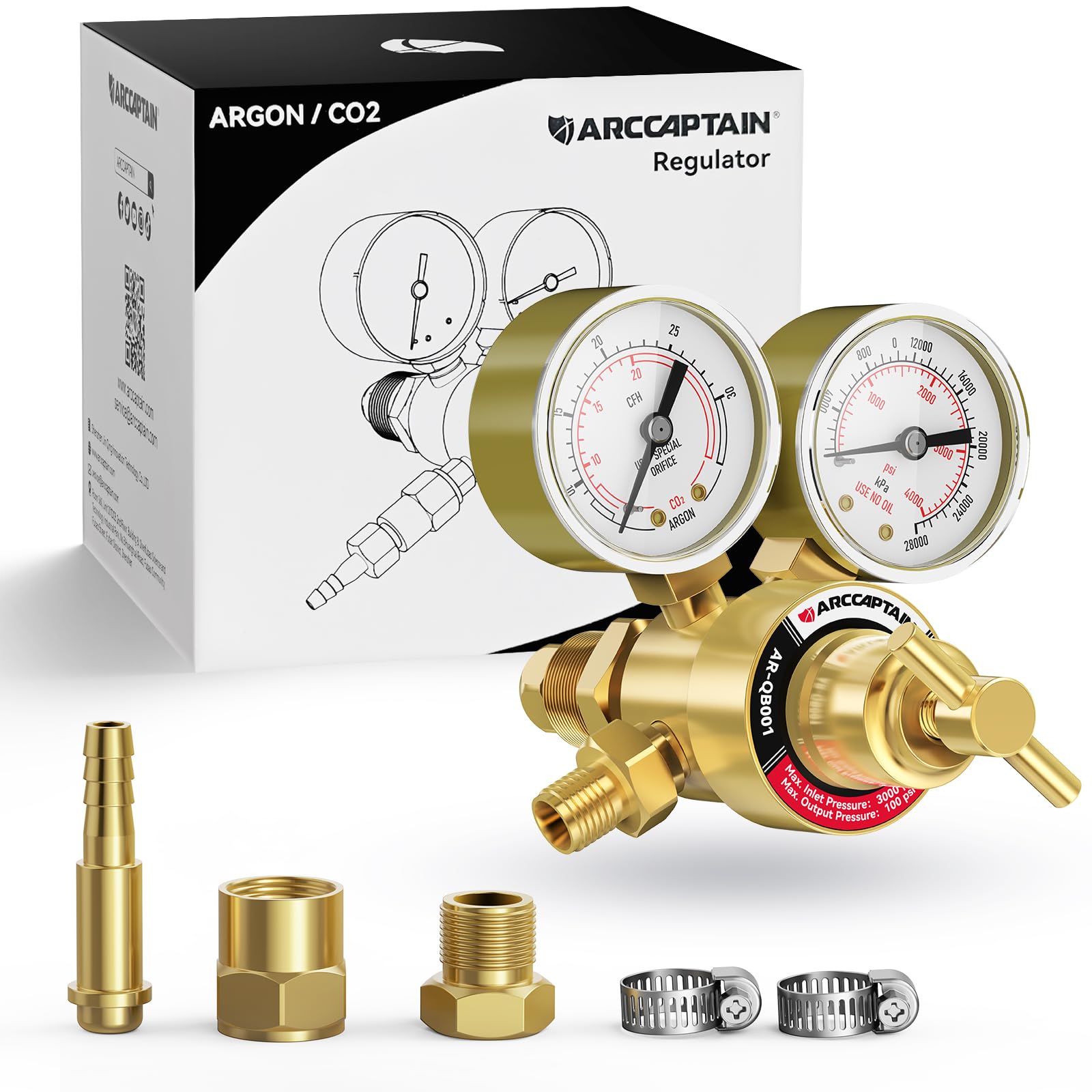 ARCCAPTAIN Argon CO2 Regulators Gauges Gas Welding, Regulator for MIG and TIG, 0-4000 PSI, 0-30+ CFH, CGA580 Inlet Connection