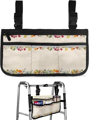 Spring Flower Wheelchair Side Bag Walker Bag, White Yellow Floral Burlap Minimalist Art Wheelchair Accessories Armrest Pouch, Organizer Storage Bag for Walkers, Rollators, Scooters, 7.3''x13''