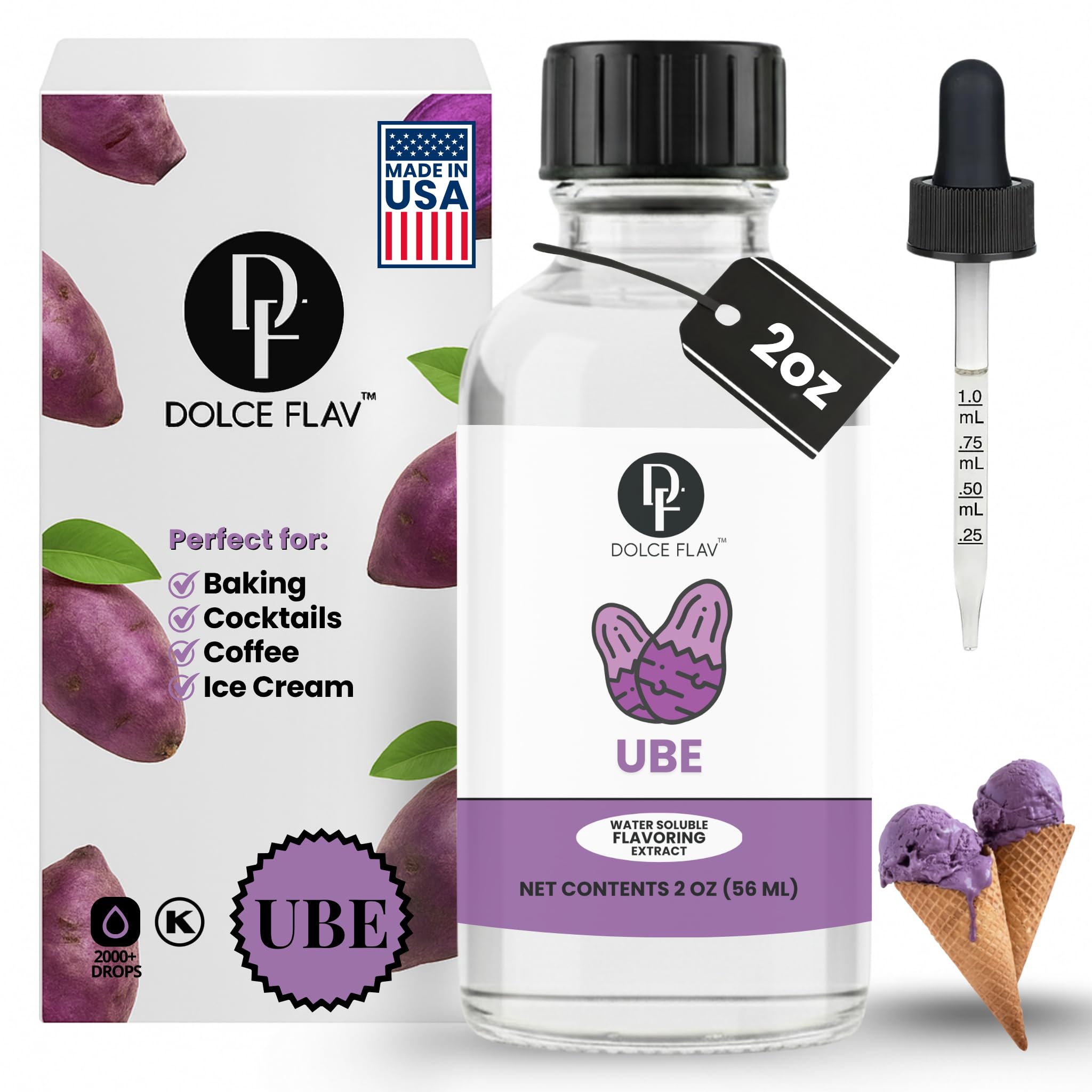 Dolce Flav Clear Ube Extract - 2 Ounce Water-Soluble Multipurpose Purple Yam Flavoring Ideal for Ice Cream, Cookies, Boba, Coffee & Pastries, Includes Measured Dropper