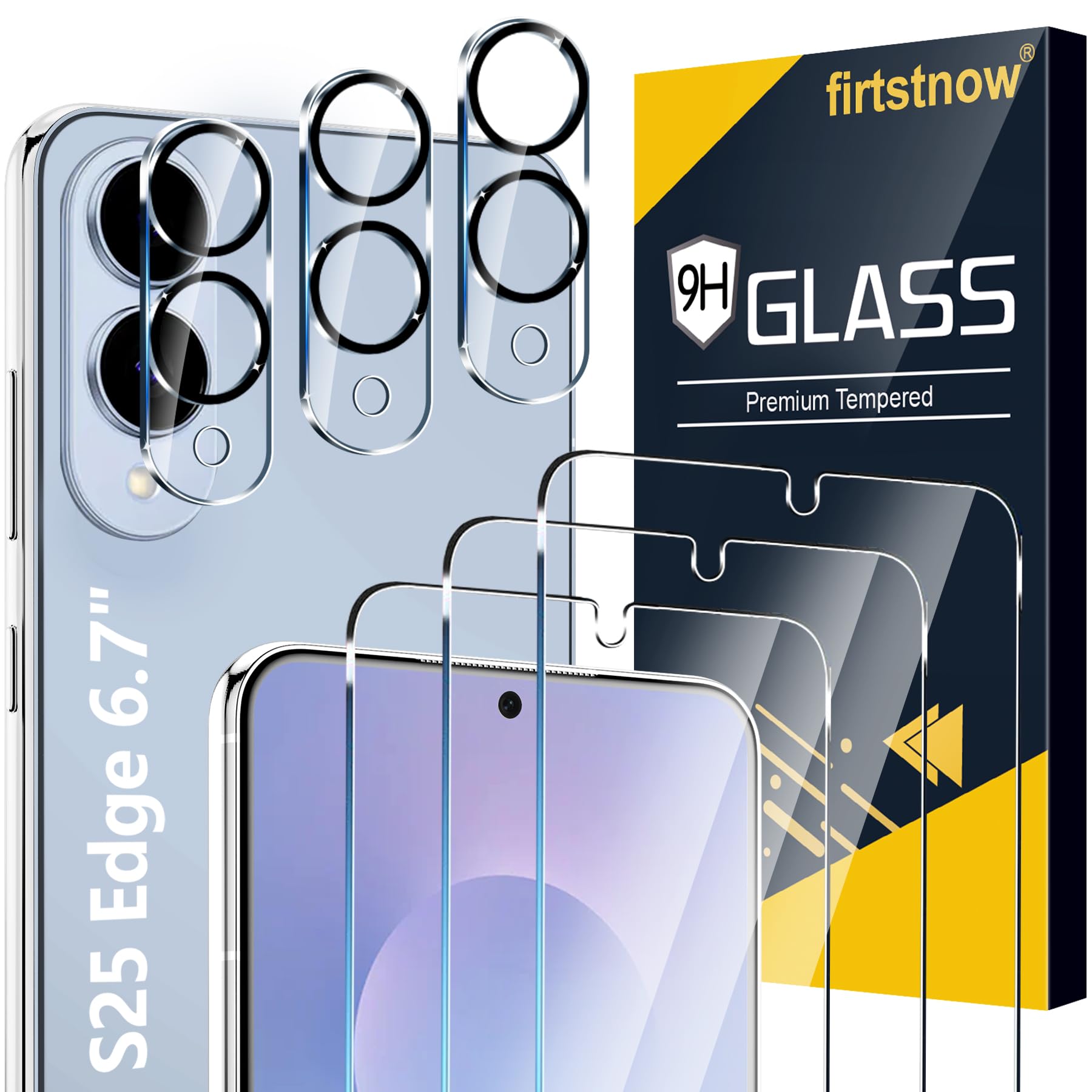 firtstnow 3 Pack Glass Screen Protector for Samsung Galaxy S25 Edge [6.7 inch] + 3 Pack Camera Lens Protector, 9H Tempered Glass, Fingerprint Unlock, HD Clear Case Friendly Anti-Scratch