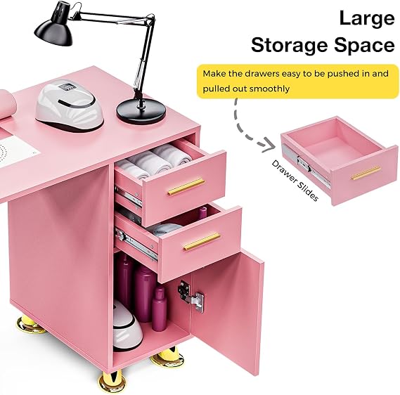 Kikihuose Manicure Table Nail Desk for Nail Tech, Nail Station with Dust Collector, Drawer & Storage Cabinet, Beauty Salon Workstation, Pink