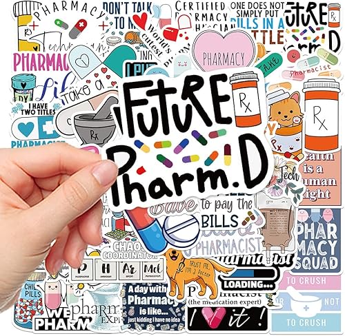 Miniatura 2 de Calcomanías de farmacéutico, 50 calcomanías impermeables de vinilo de farmacia para botellas de agua, laptop, sombrero duro, equipaje, automóvil,