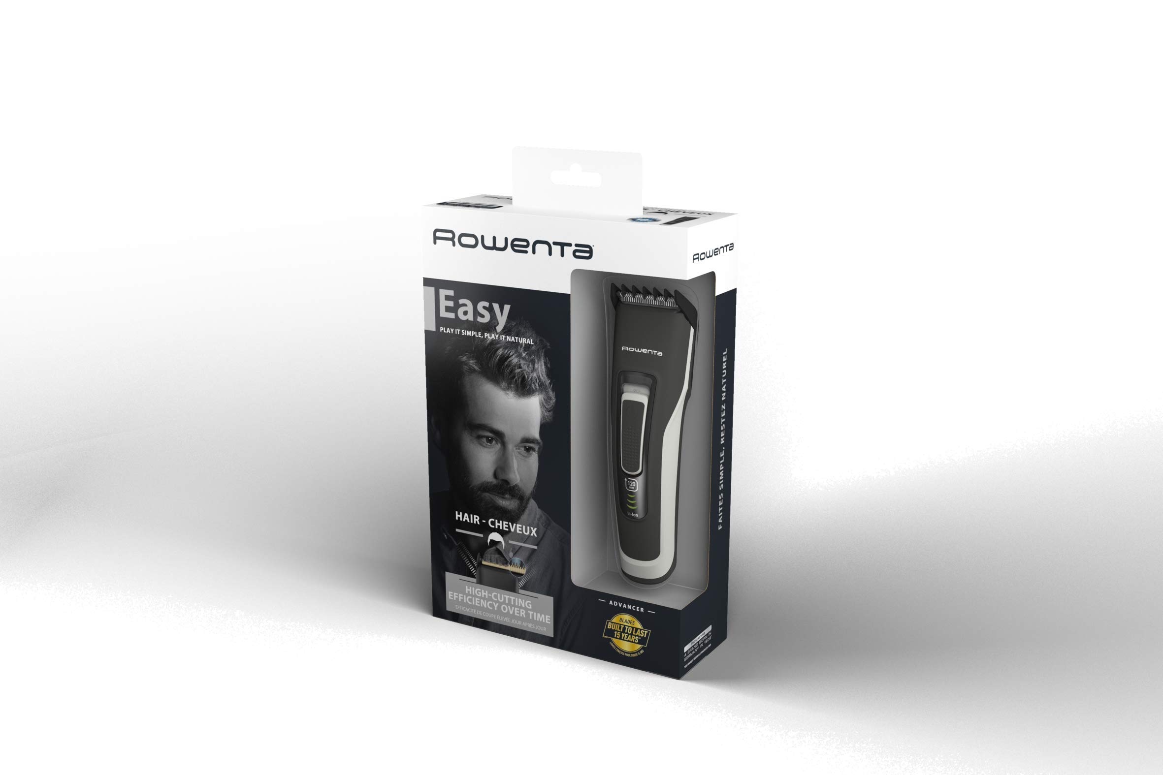 Rowenta TN5201 Advancer, Tagliacapelli, Lame autoaffilanti in acciaio Inox progettate per durare 15 anni, 29 lunghezze di taglio, 120 minuti di autonomia, Design compatto, Nero/Grigio