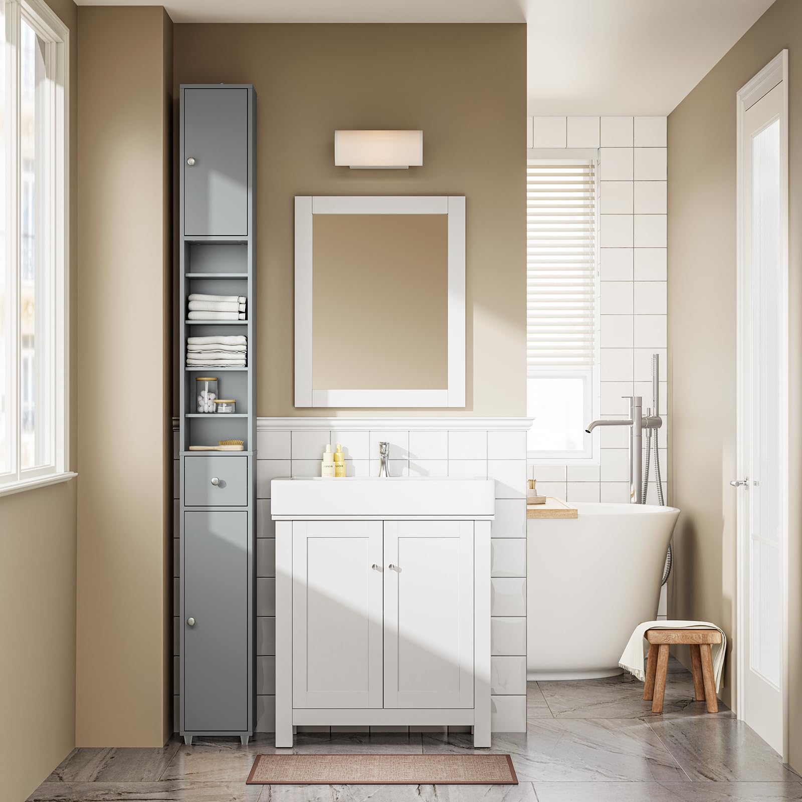 SoBuy Badezimmerschrank Hochschrank Schmal Badschrank für kleine Bäder mit verstellbaren Einlegeböden Platzsparender Badezimmer Schrank für Waschbecken, WC, Waschmaschine 20x20x180cm Grau BZR34-II-HG